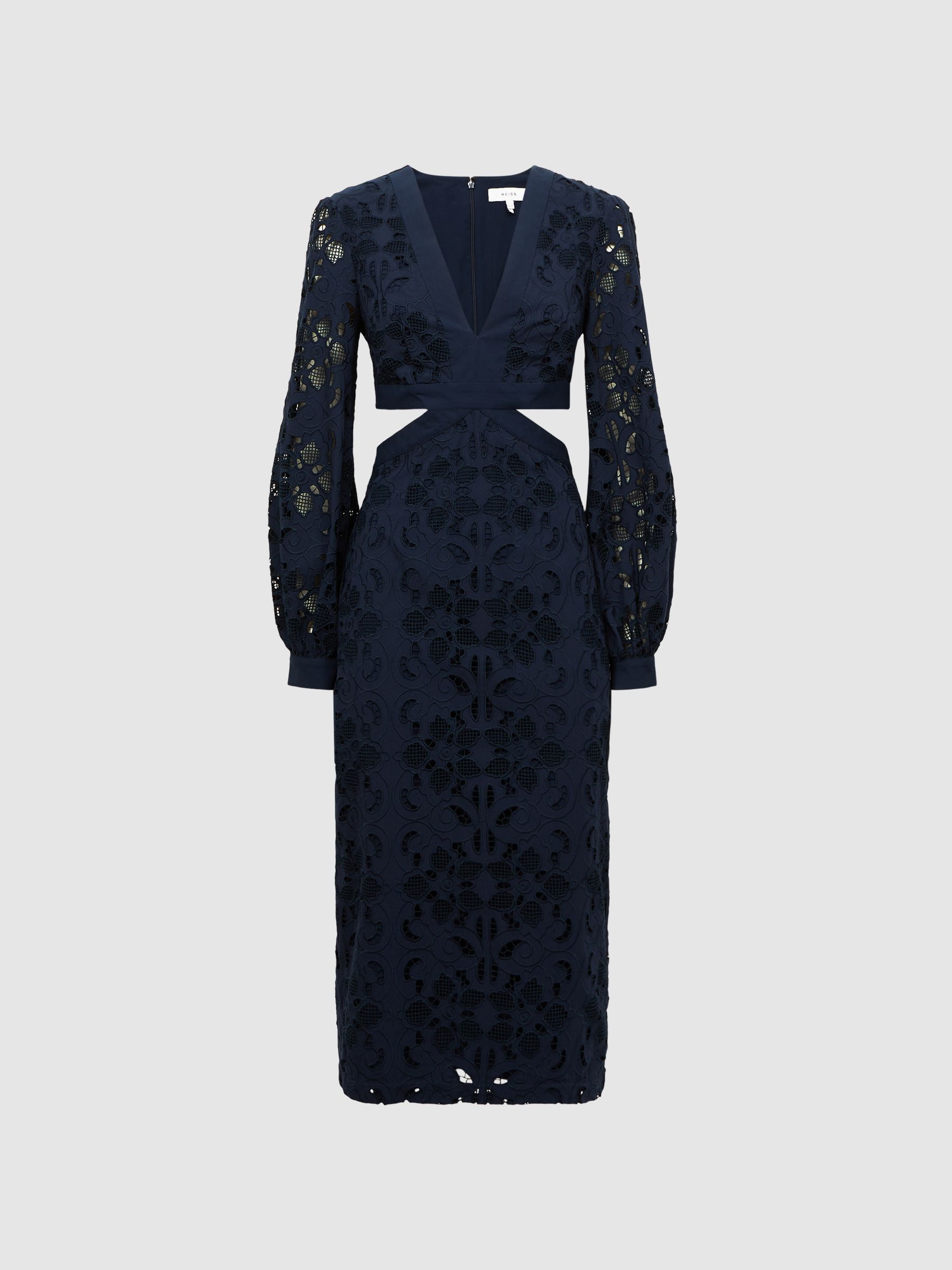 Lace Cut-Out Midi Dress in Navy - Image 2 of 7