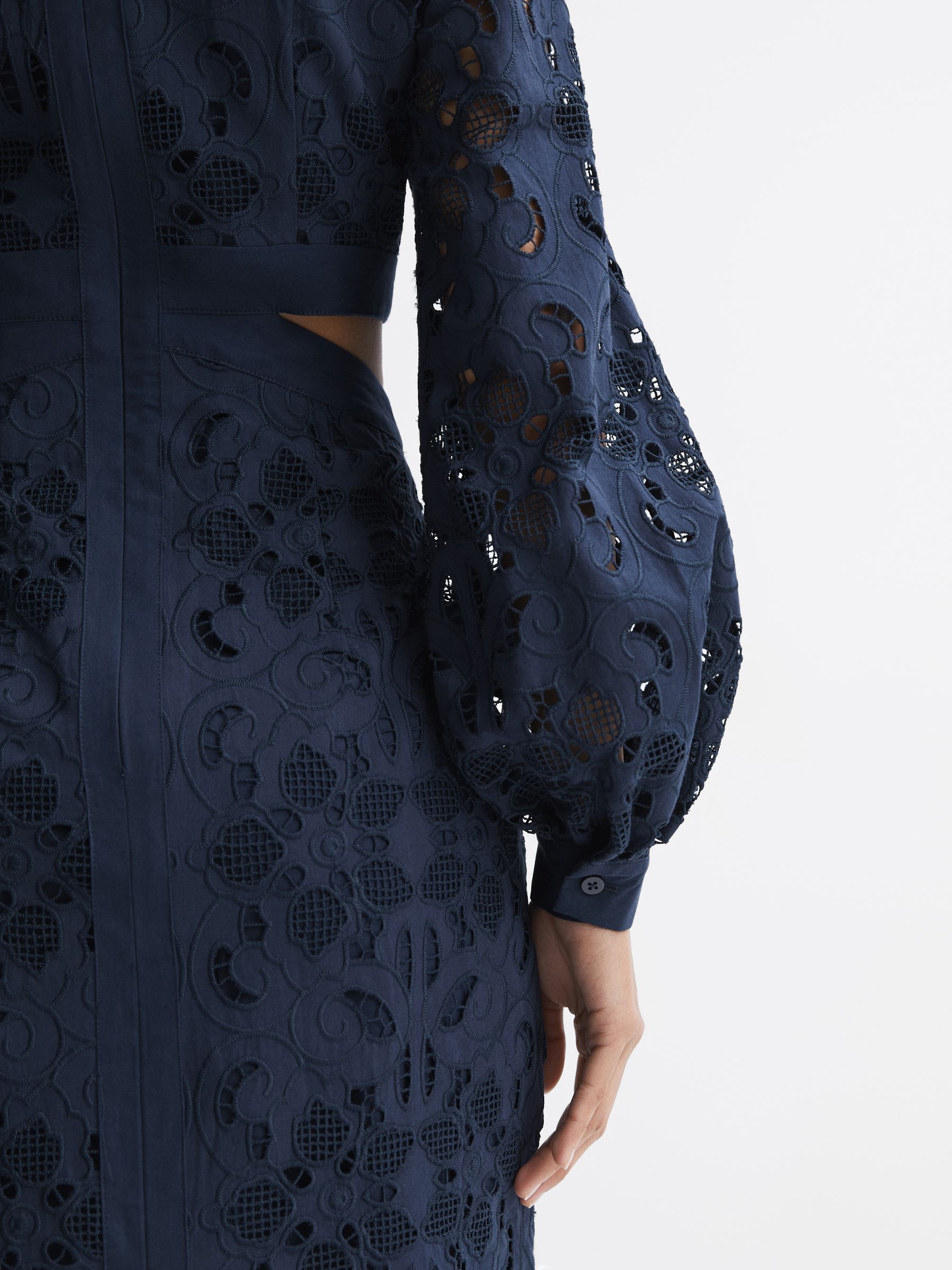 Lace Cut-Out Midi Dress in Navy - Image 4 of 7