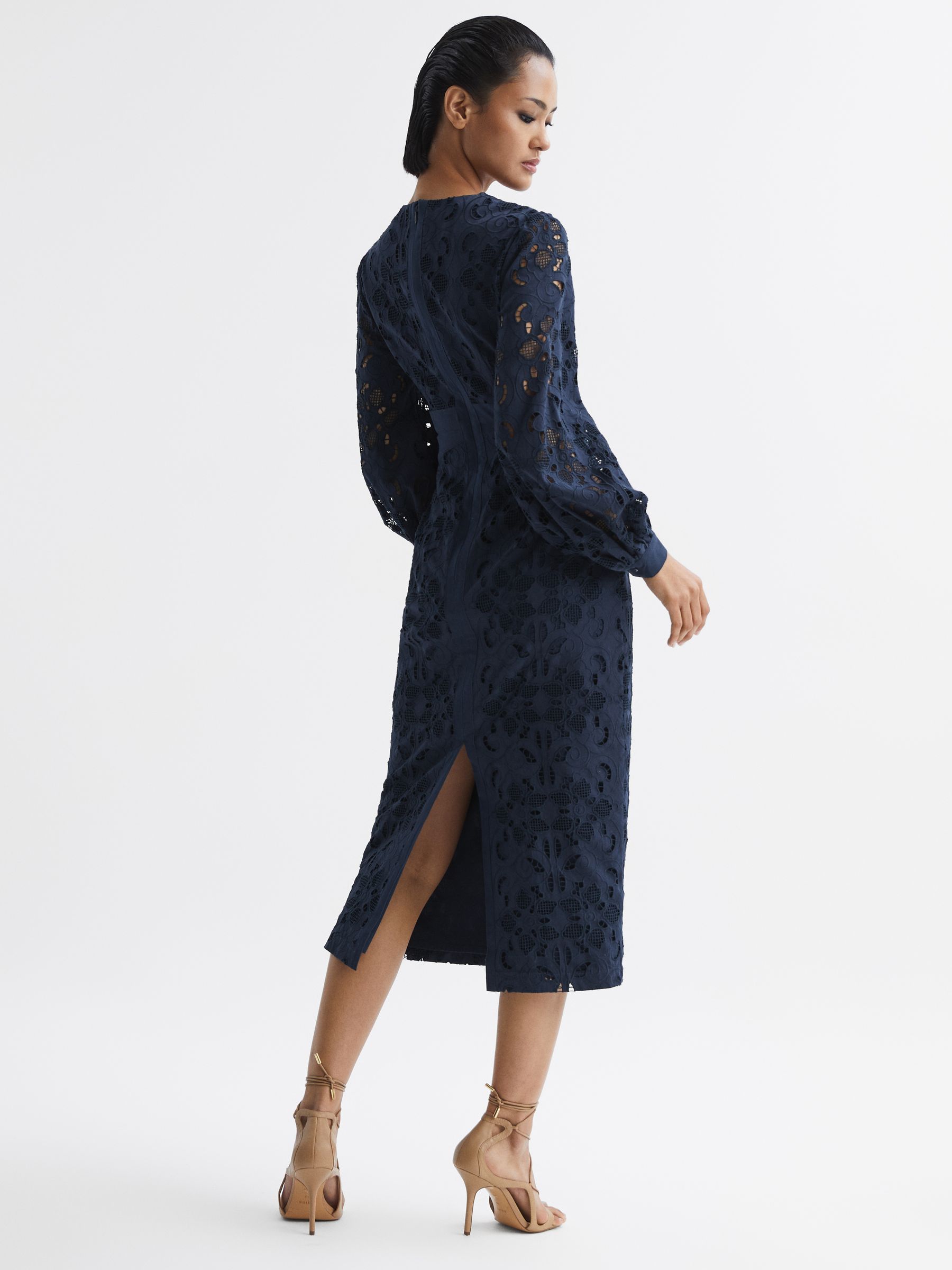 Lace Cut-Out Midi Dress in Navy - Image 5 of 7
