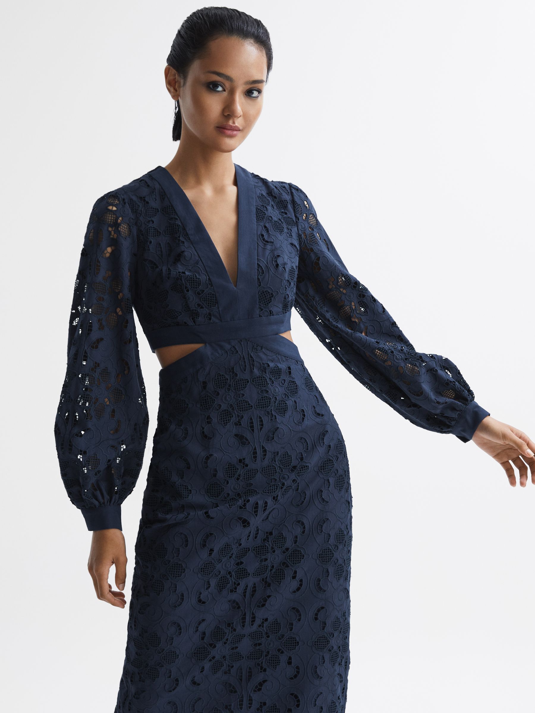 Lace Cut-Out Midi Dress in Navy - Image 6 of 7