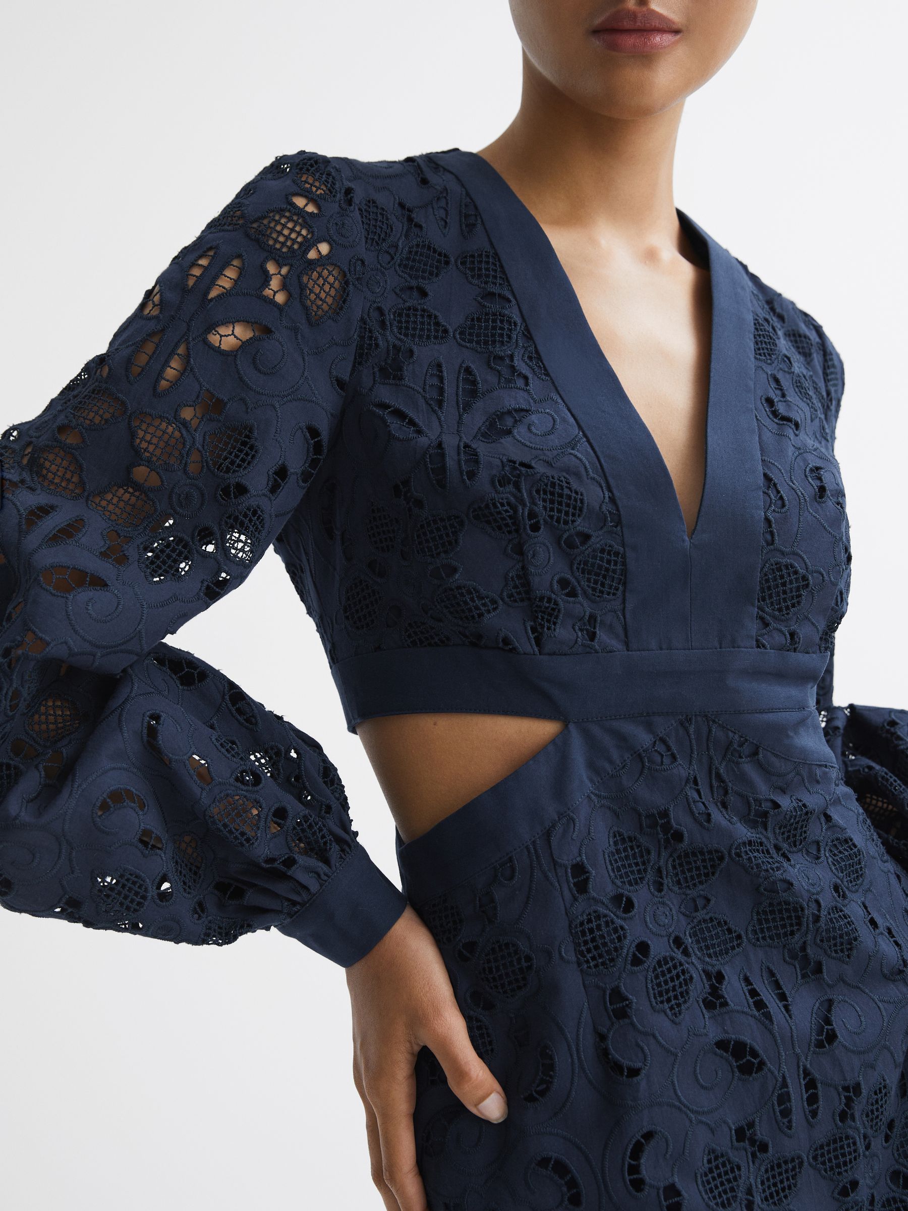 Lace Cut-Out Midi Dress in Navy - Image 7 of 7