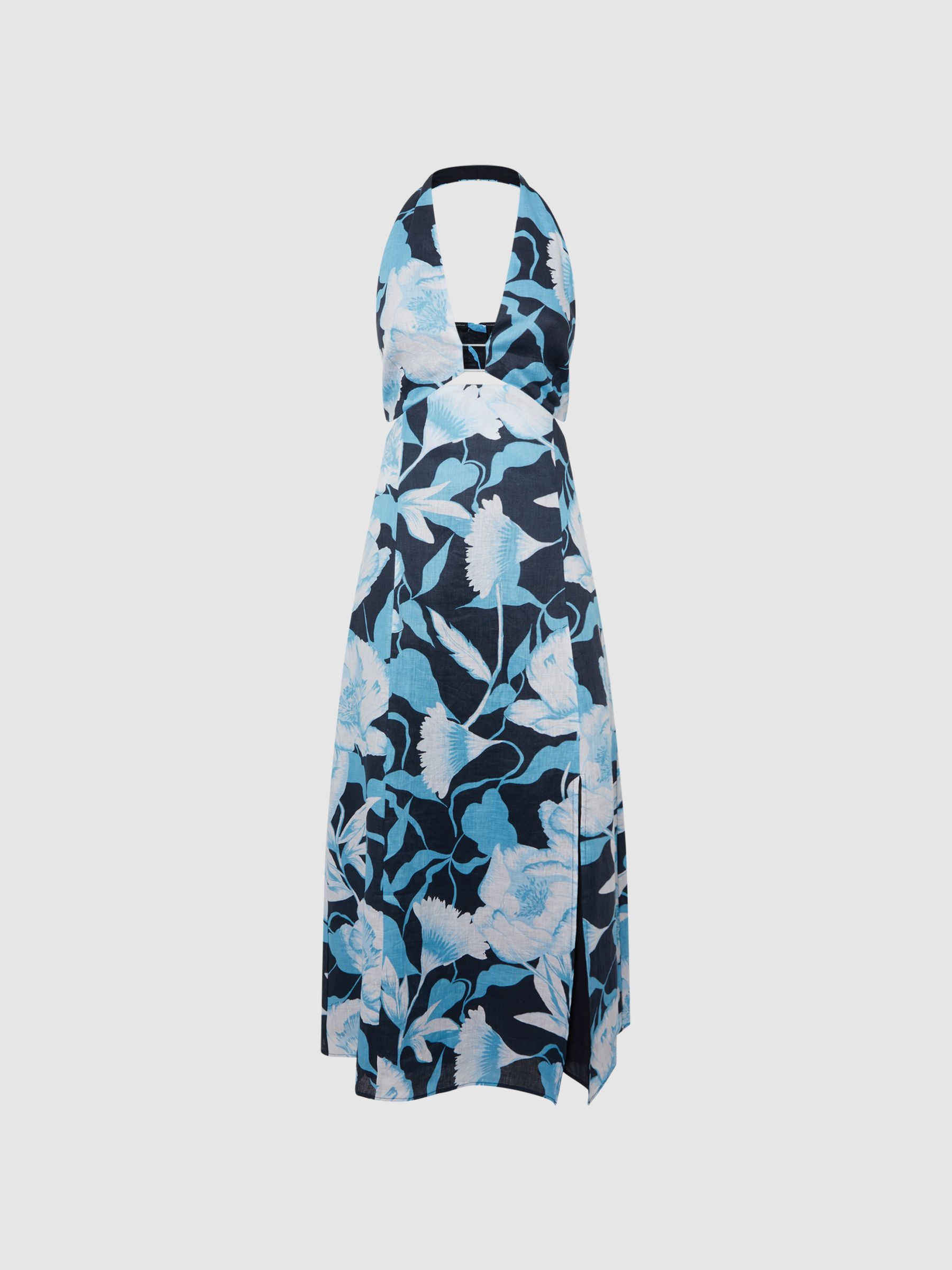 Linen Halter Neck Midi Dress in Navy/Blue - Image 2 of 6