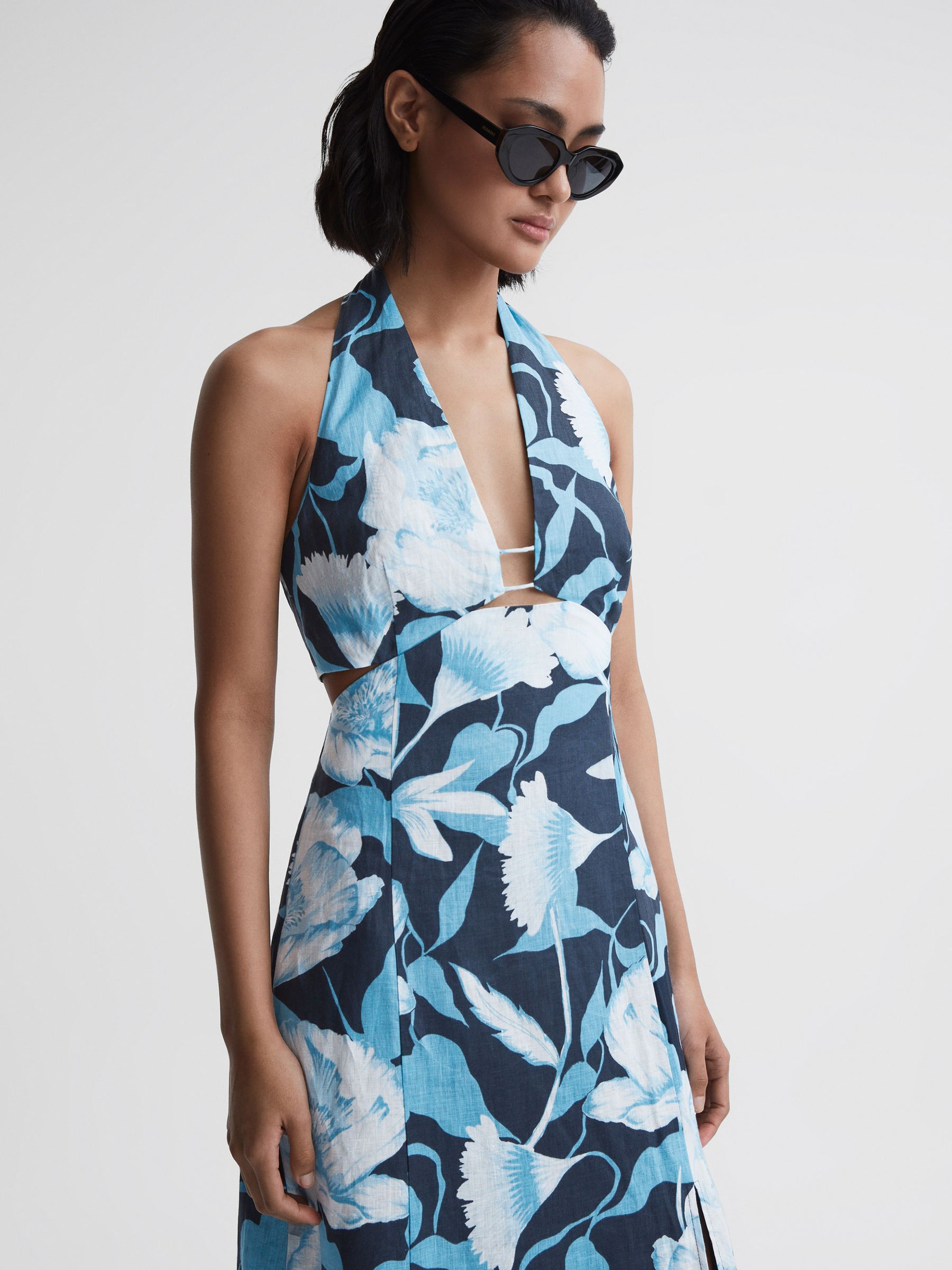 Linen Halter Neck Midi Dress in Navy/Blue - Image 3 of 6