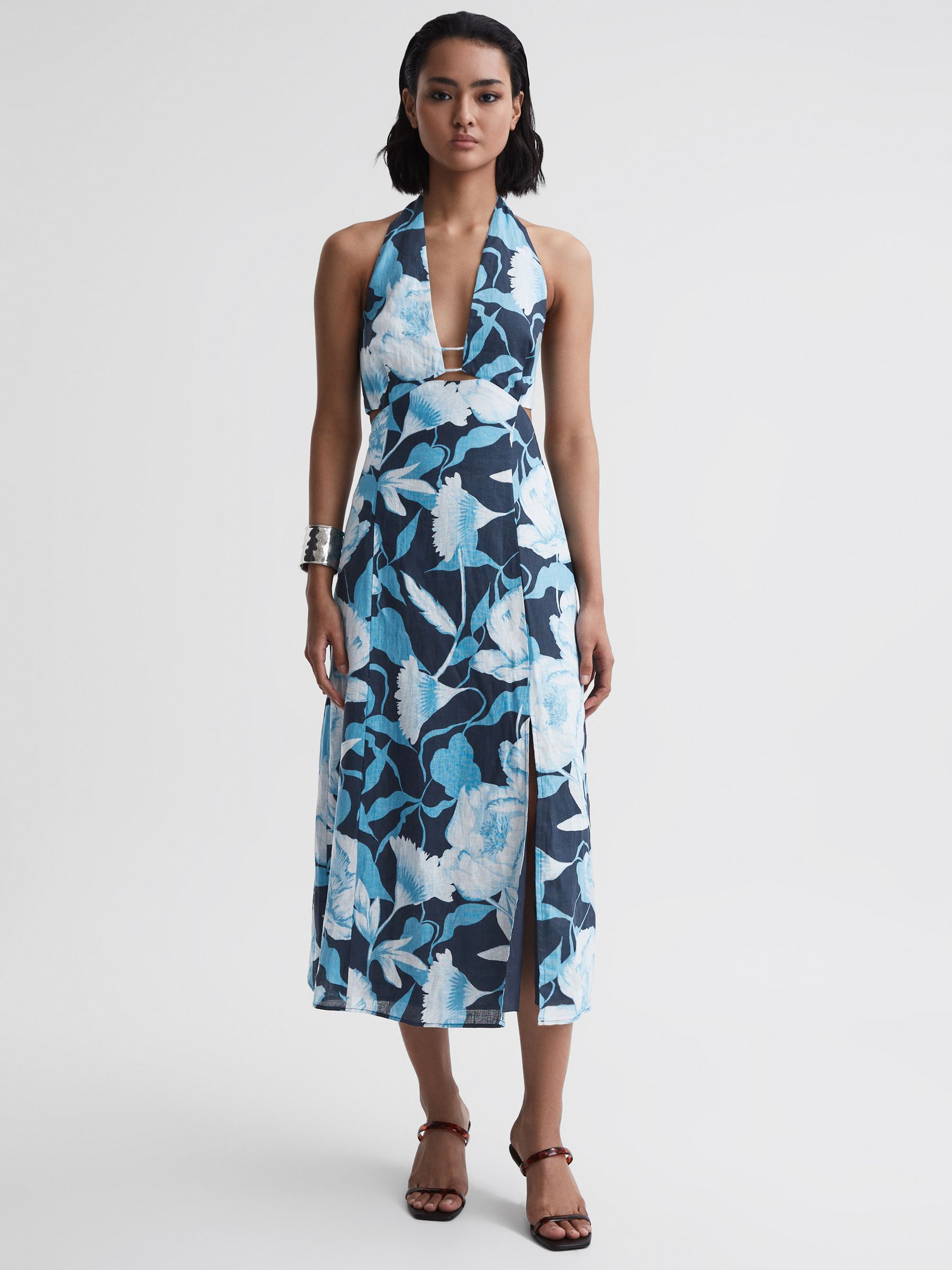 Linen Halter Neck Midi Dress in Navy/Blue - Image 4 of 6