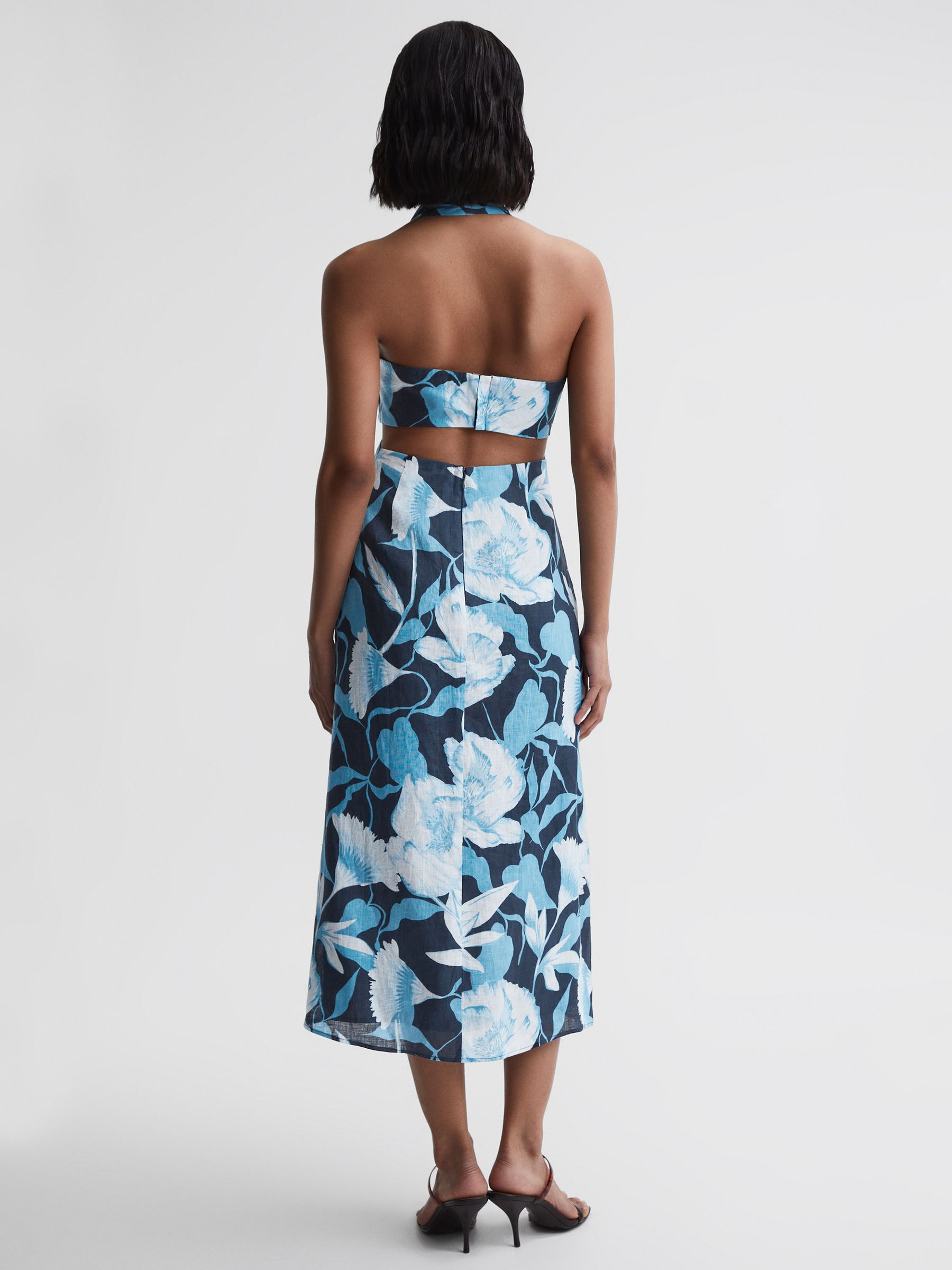 Linen Halter Neck Midi Dress in Navy/Blue - Image 5 of 6