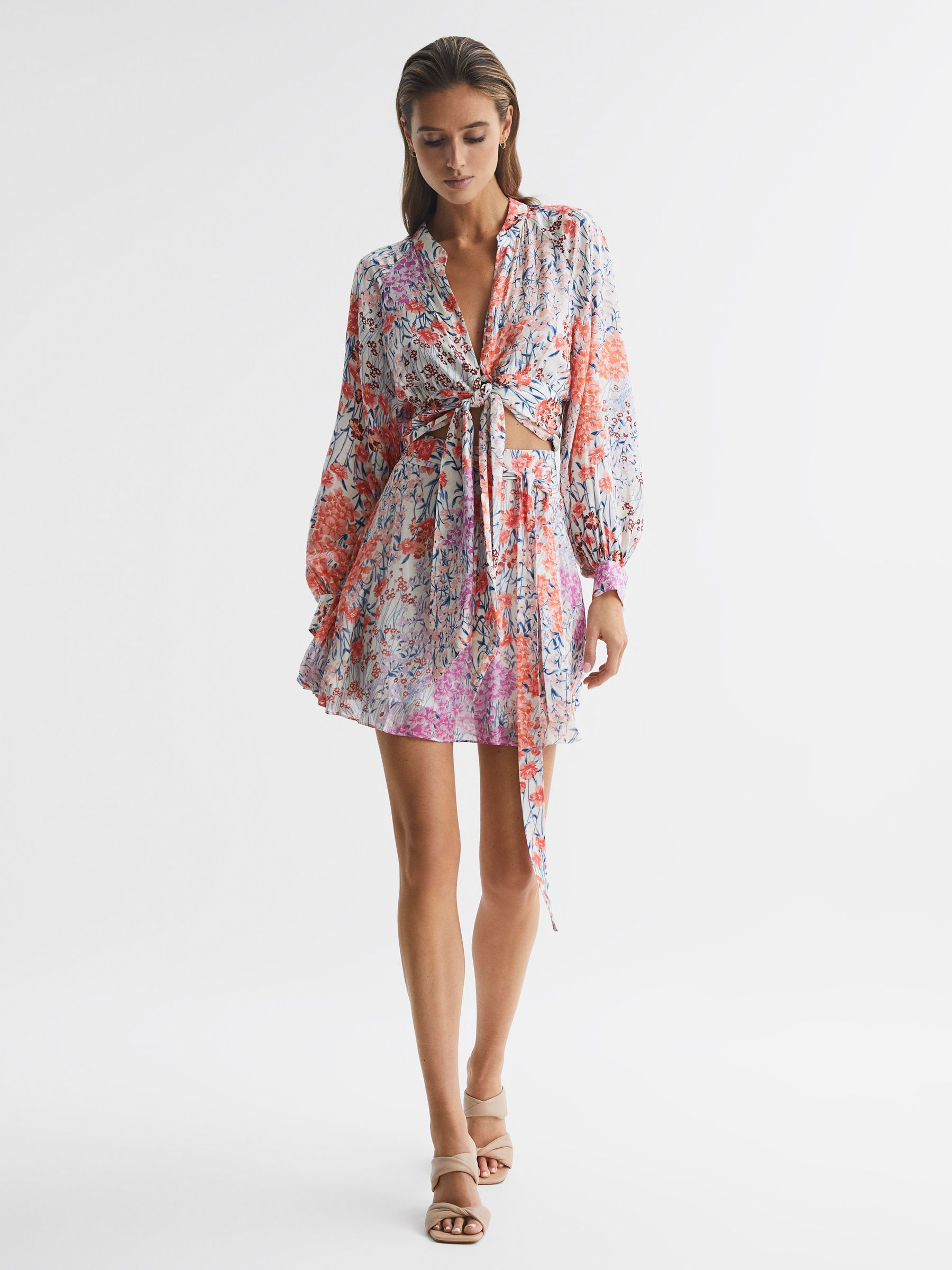 Floral Print High Rise Mini Skirt in Coral/White - Image 6 of 6