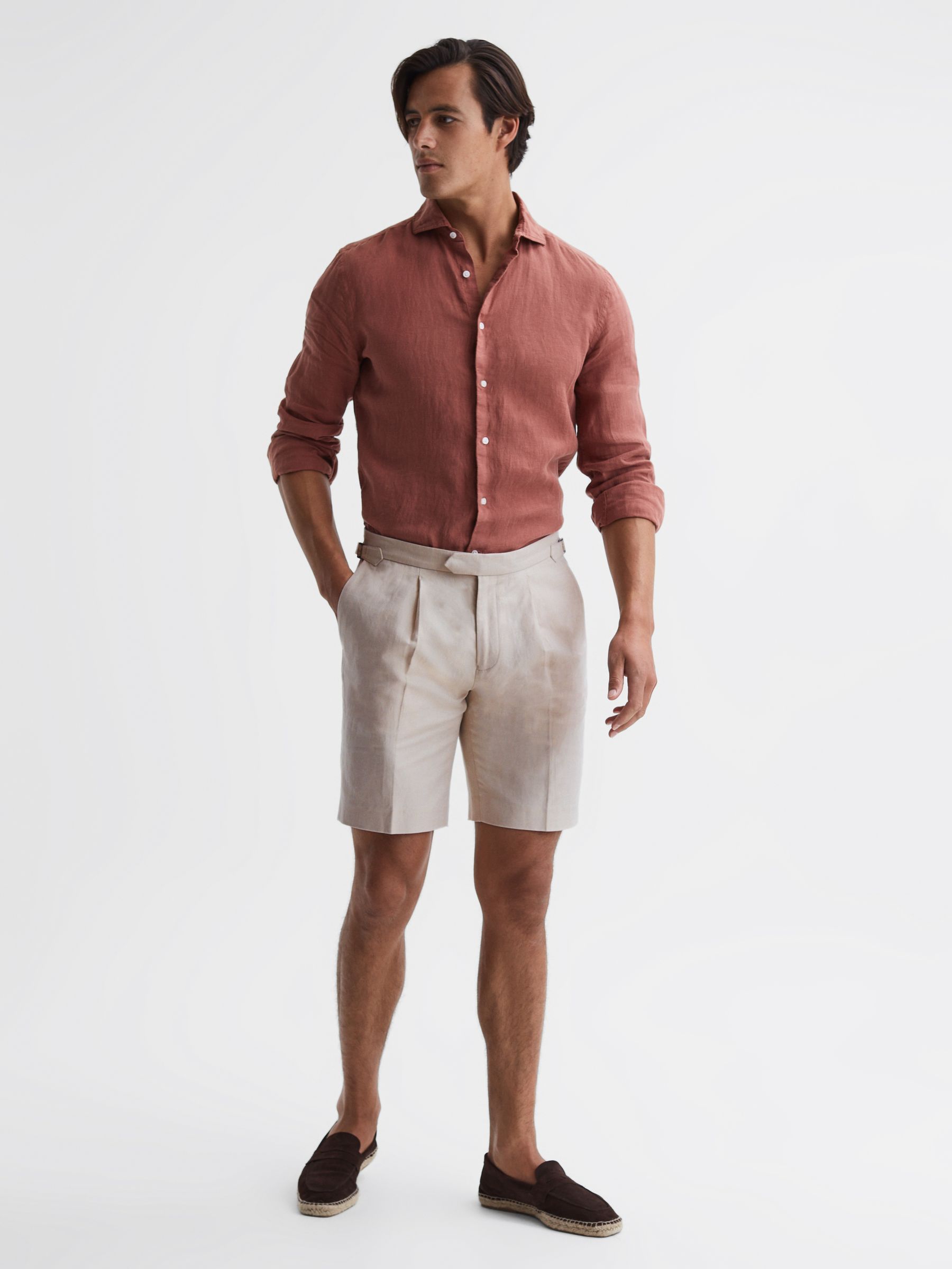 Cotton-Linen Blend Chino Shorts in Stone - Image 1 of 6