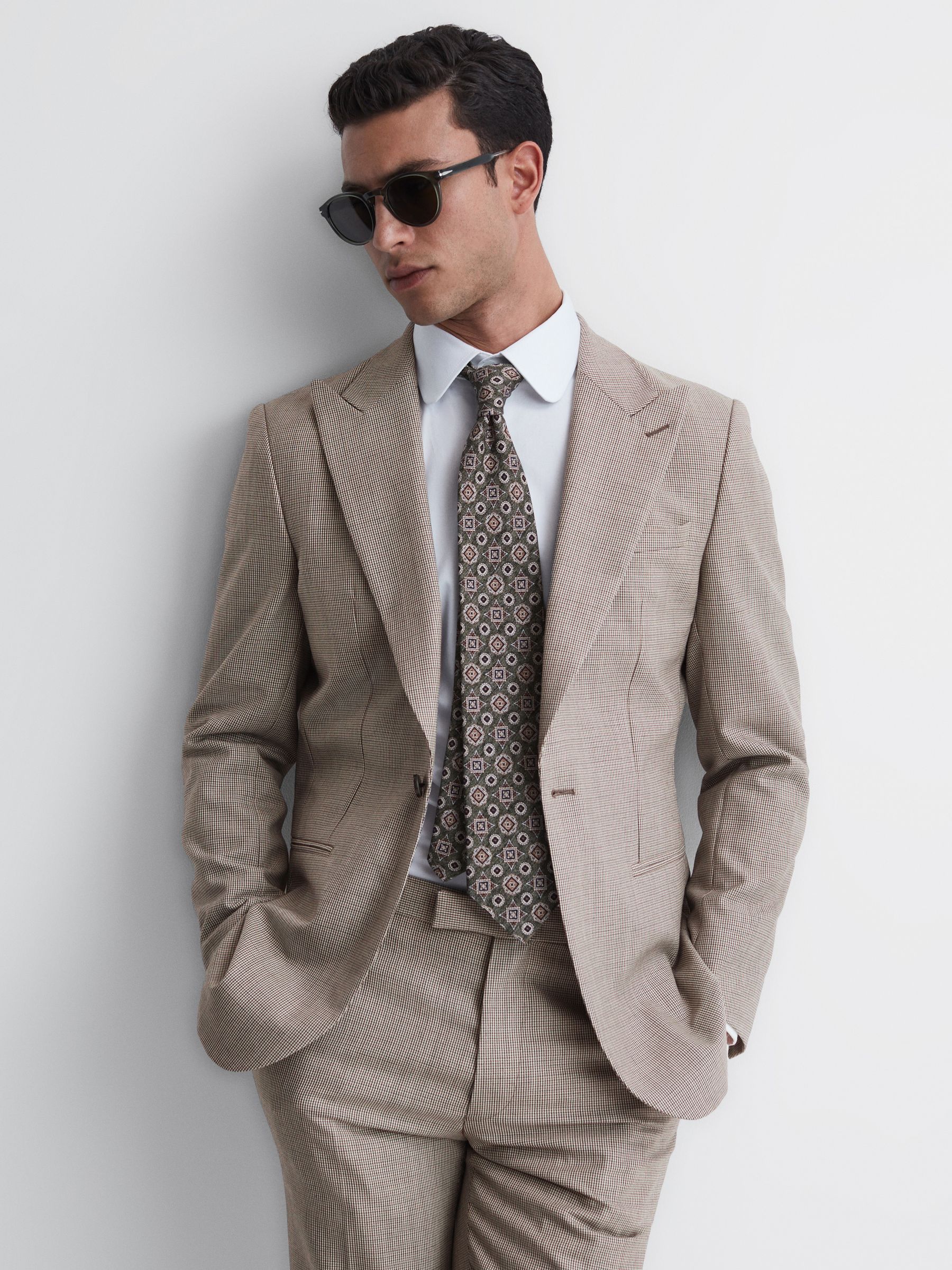 Slim Fit Wool Single Breasted Puppytooth Blazer in Brown - Image 1 of 9