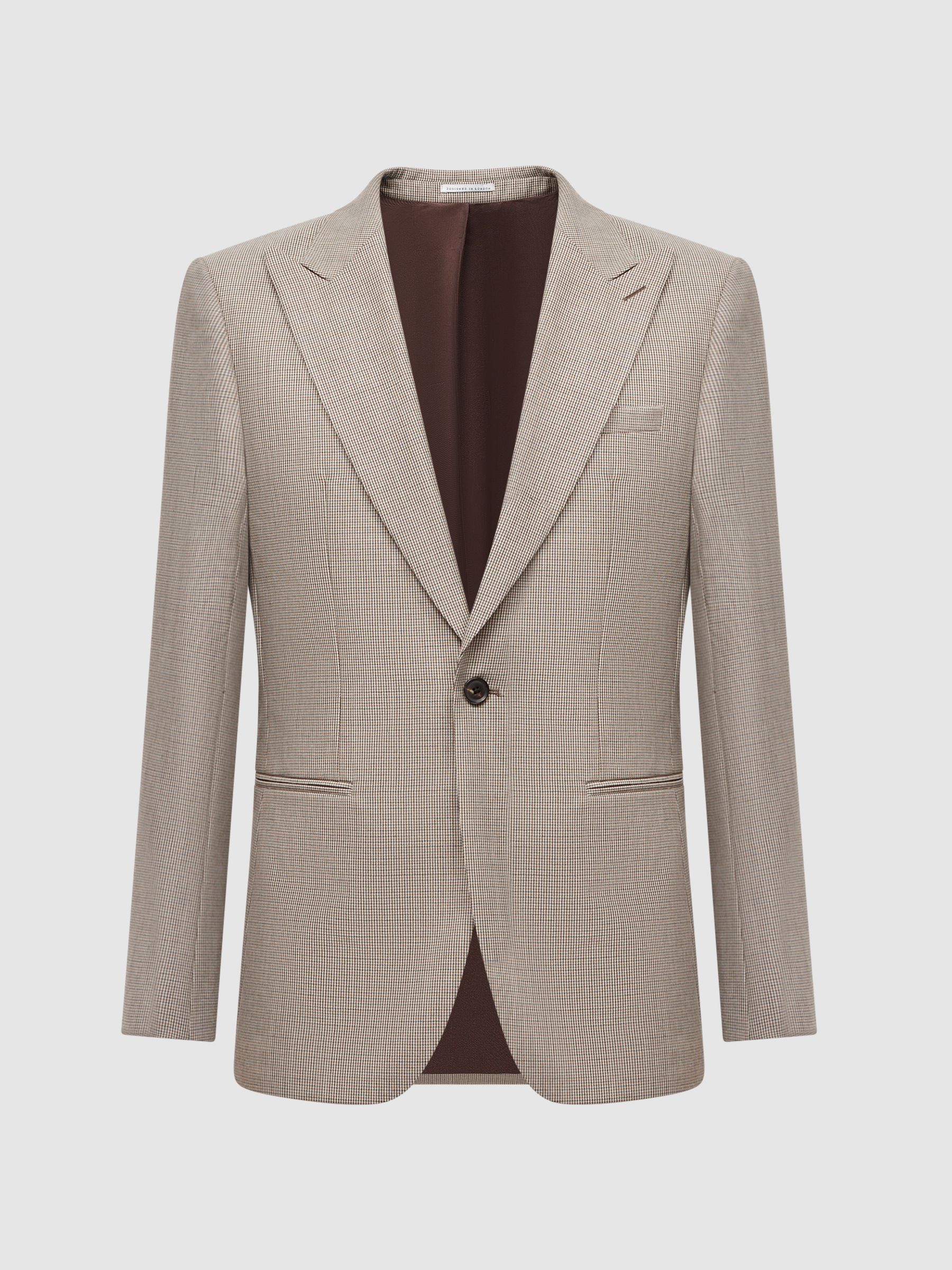 Slim Fit Wool Single Breasted Puppytooth Blazer in Brown - Image 2 of 9