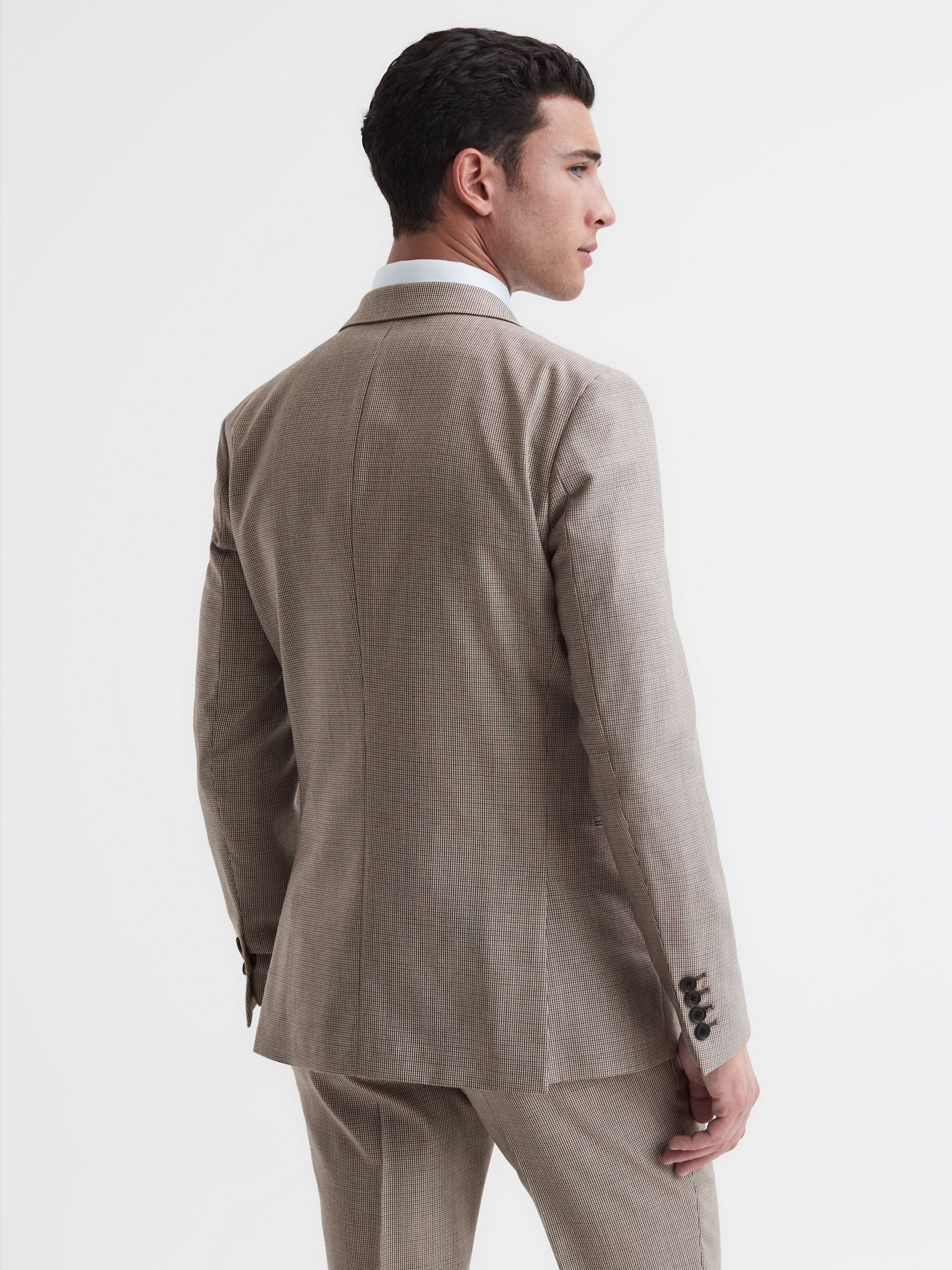 Slim Fit Wool Single Breasted Puppytooth Blazer in Brown - Image 4 of 9