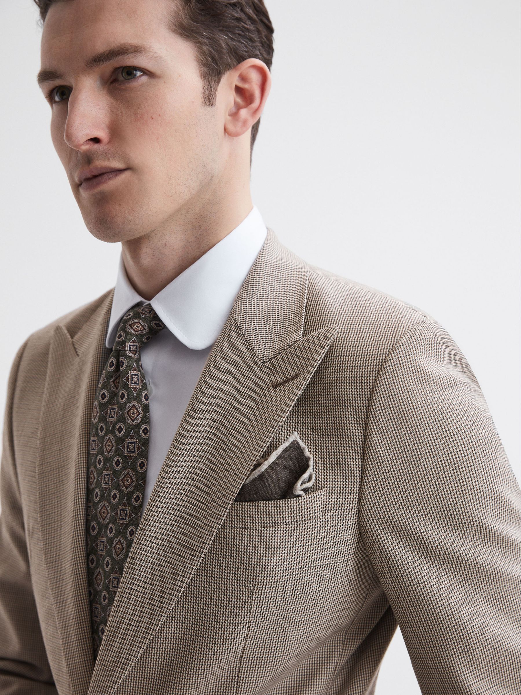 Slim Fit Wool Single Breasted Puppytooth Blazer in Brown - Image 7 of 9