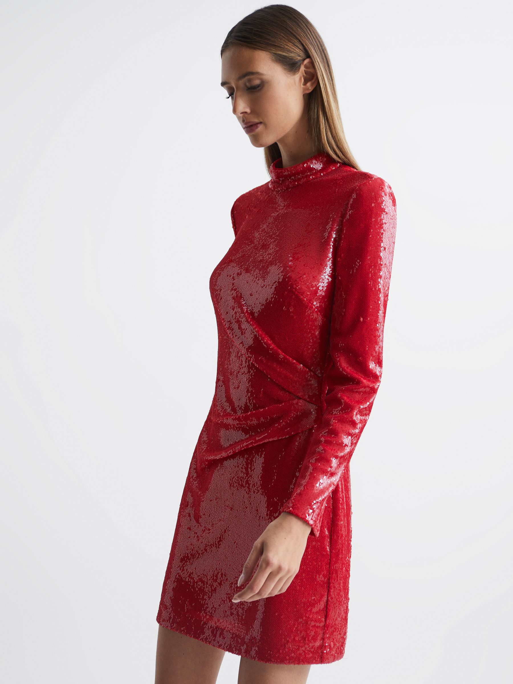 Halston Sequin Mini Dress in Red - Image 6 of 8