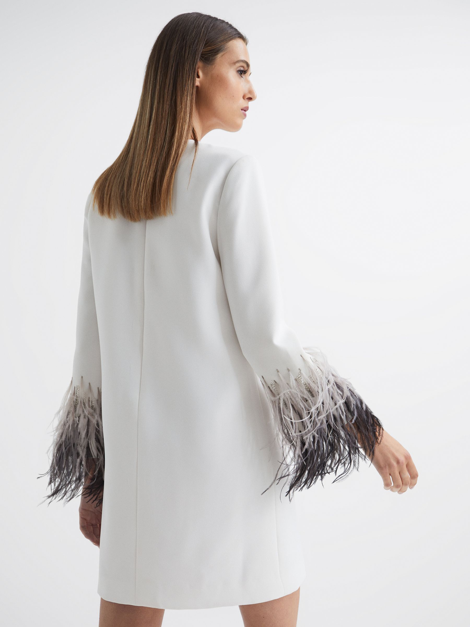Halston Tailored Feather Sleeve Mini Dress in White - Image 5 of 8