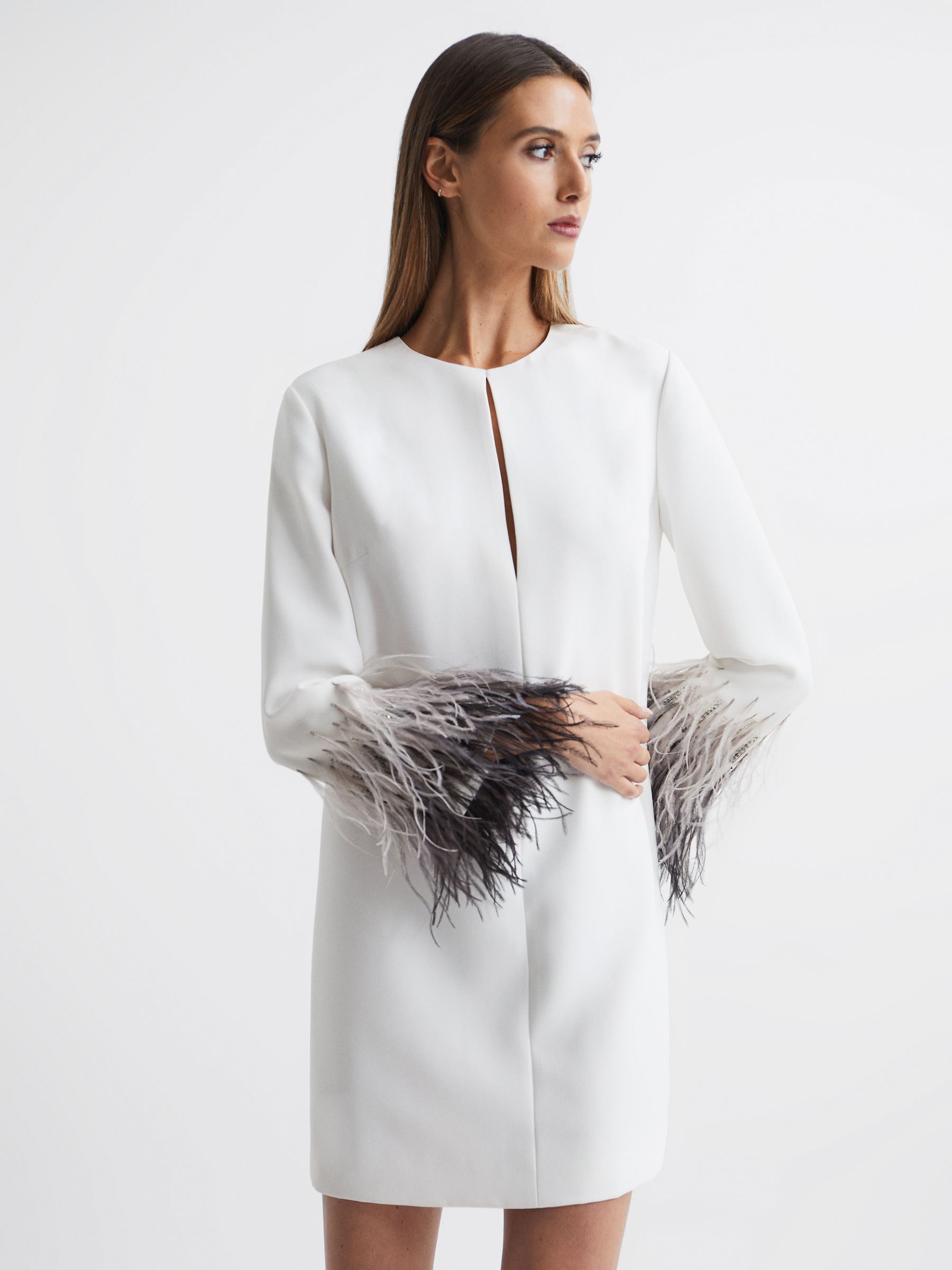 Halston Tailored Feather Sleeve Mini Dress in White - Image 7 of 8