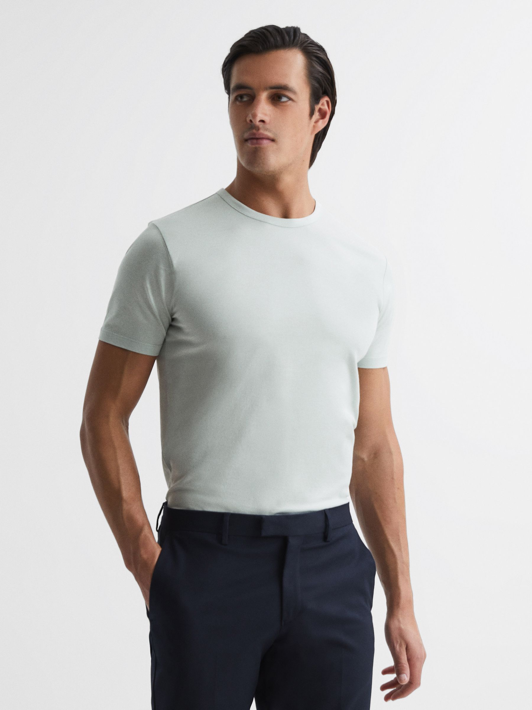 Mercerised Crew Neck T-shirt in Mint - Image 1 of 6 Mercerised Crew Neck T-shirt in Mint - Image 1 of 6