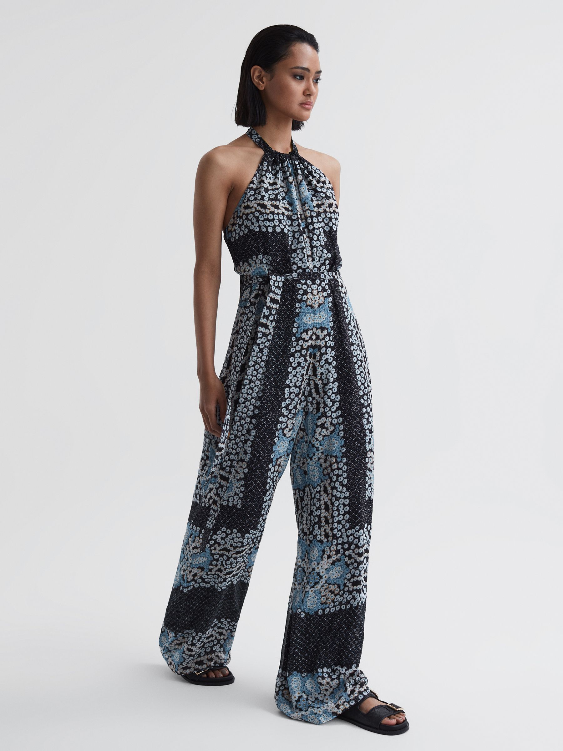 Floral Print Wide Leg Jumpsuit in Navy - Image 1 of 6