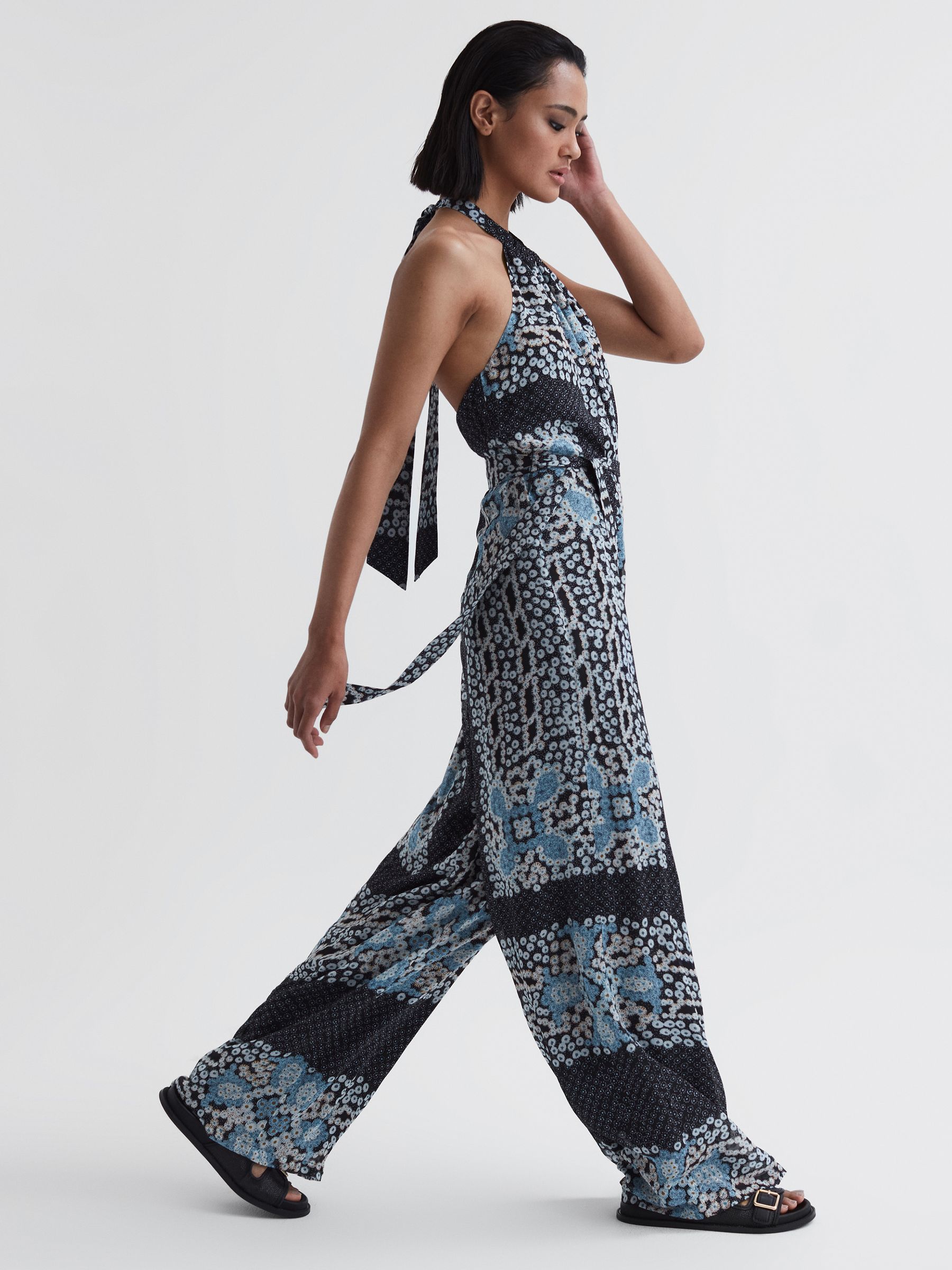 Floral Print Wide Leg Jumpsuit in Navy - Image 5 of 6
