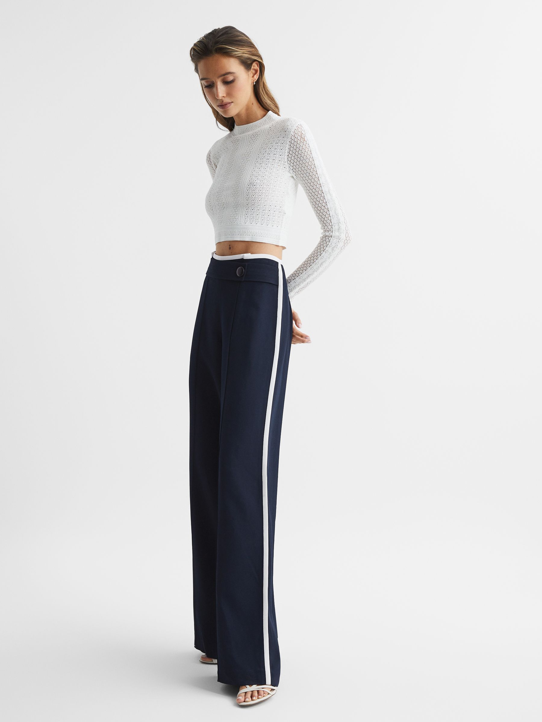 High Rise Wide Leg Trousers in Navy - Image 6 of 9