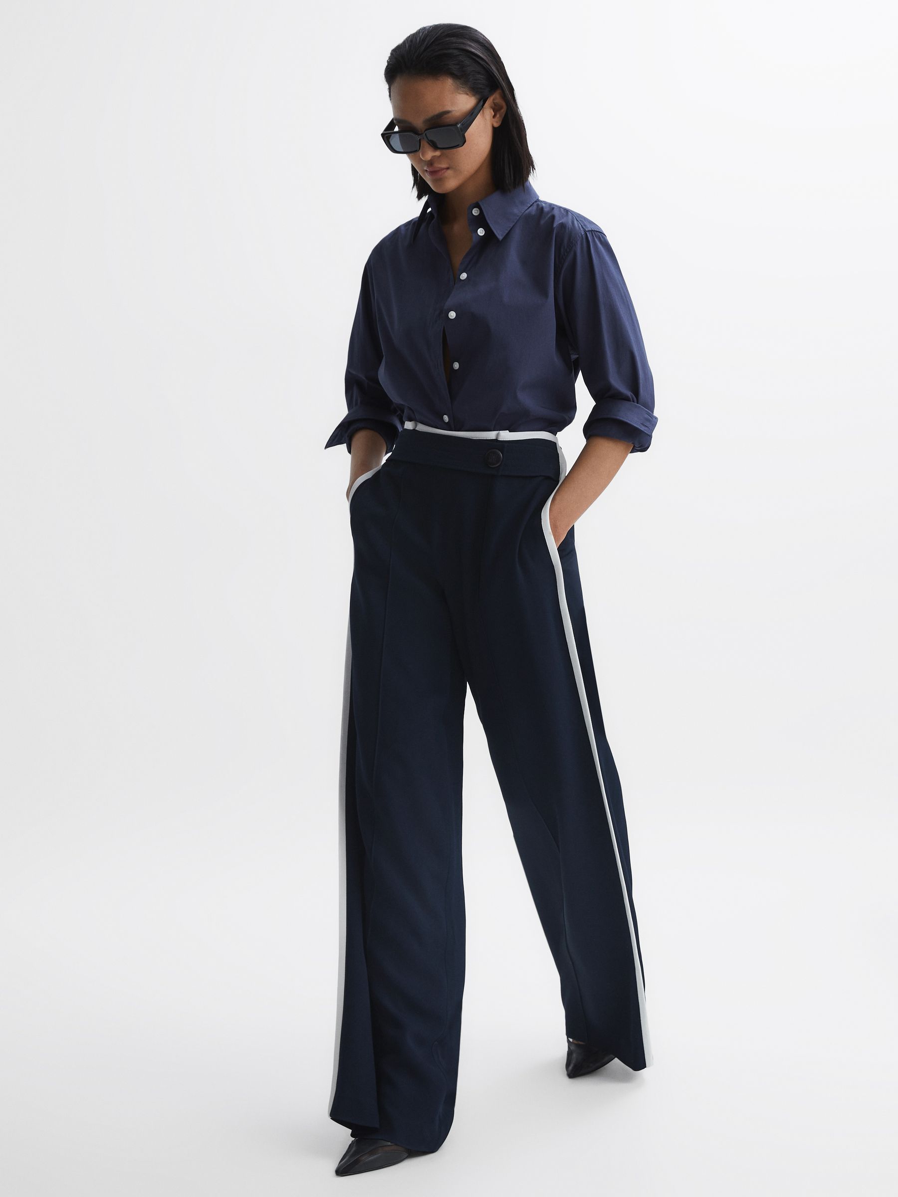 Petite High Rise Wide Leg Trousers in Navy - Image 3 of 6