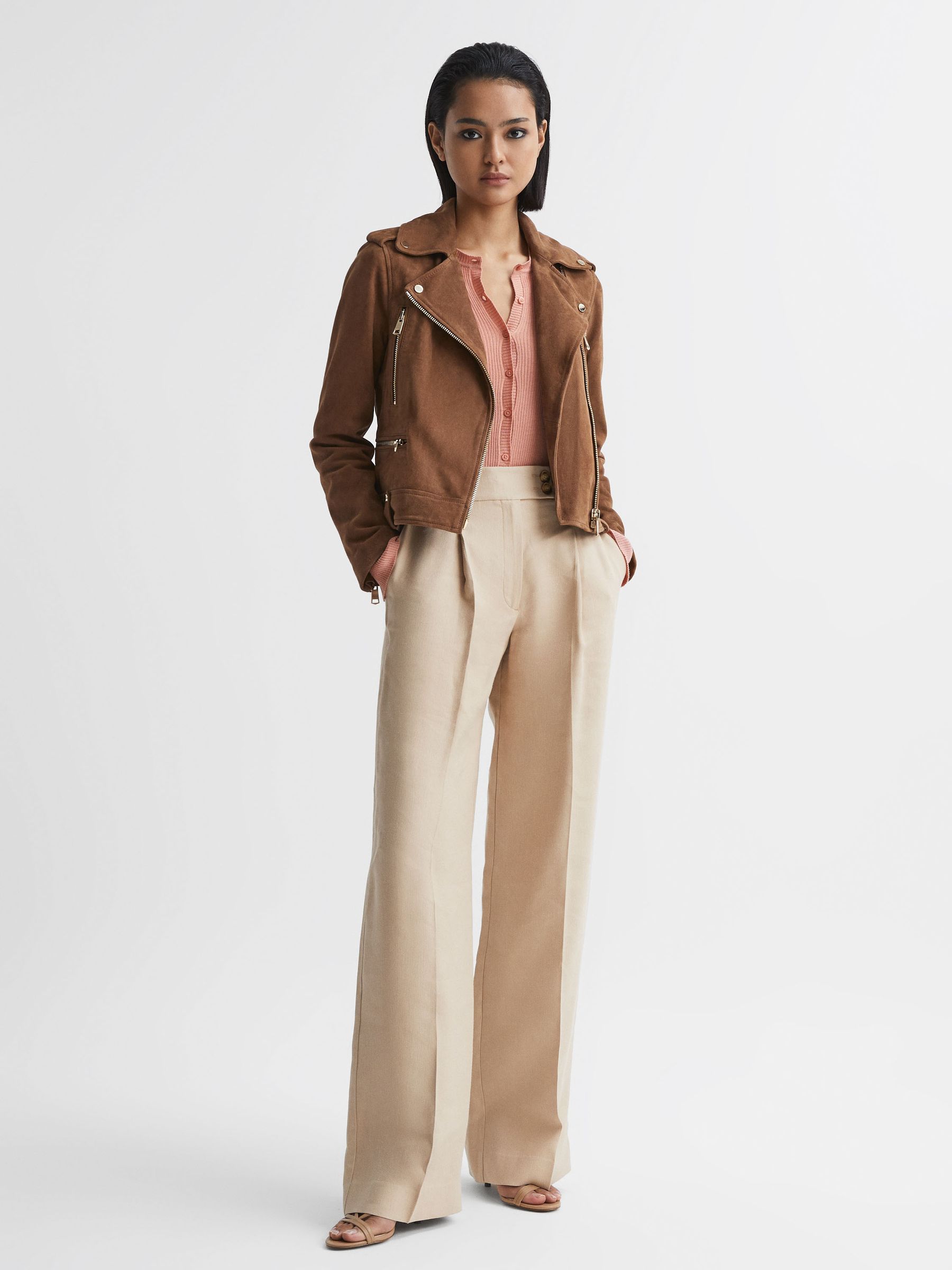 Suede Biker Jacket in Tan - Image 3 of 6