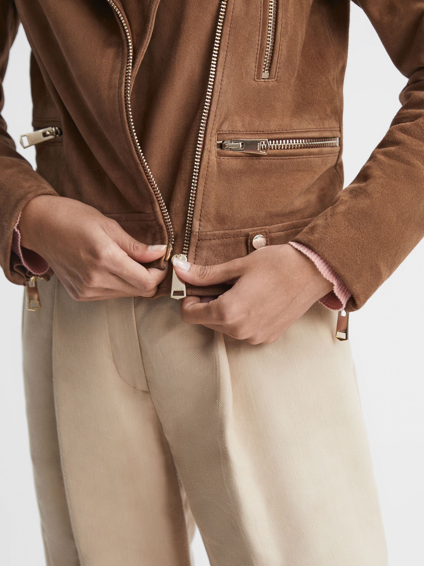 Suede Biker Jacket in Tan - Image 4 of 6