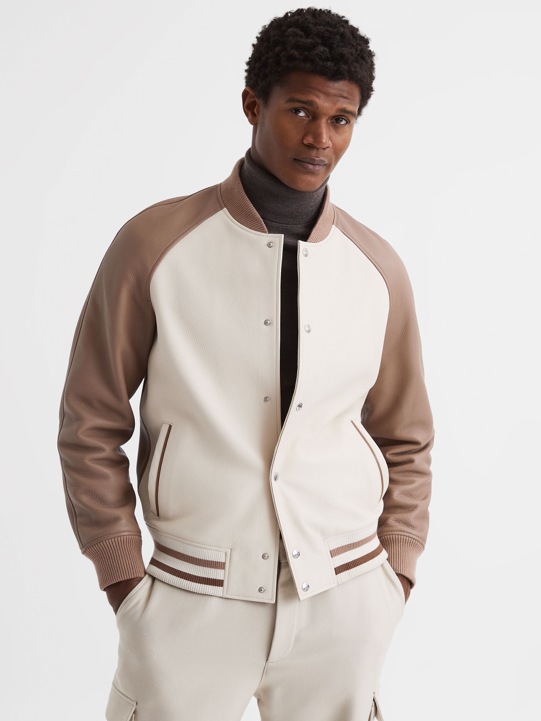 Leather Bomber Jacket in Ecru/Taupe - Image 1 of 7