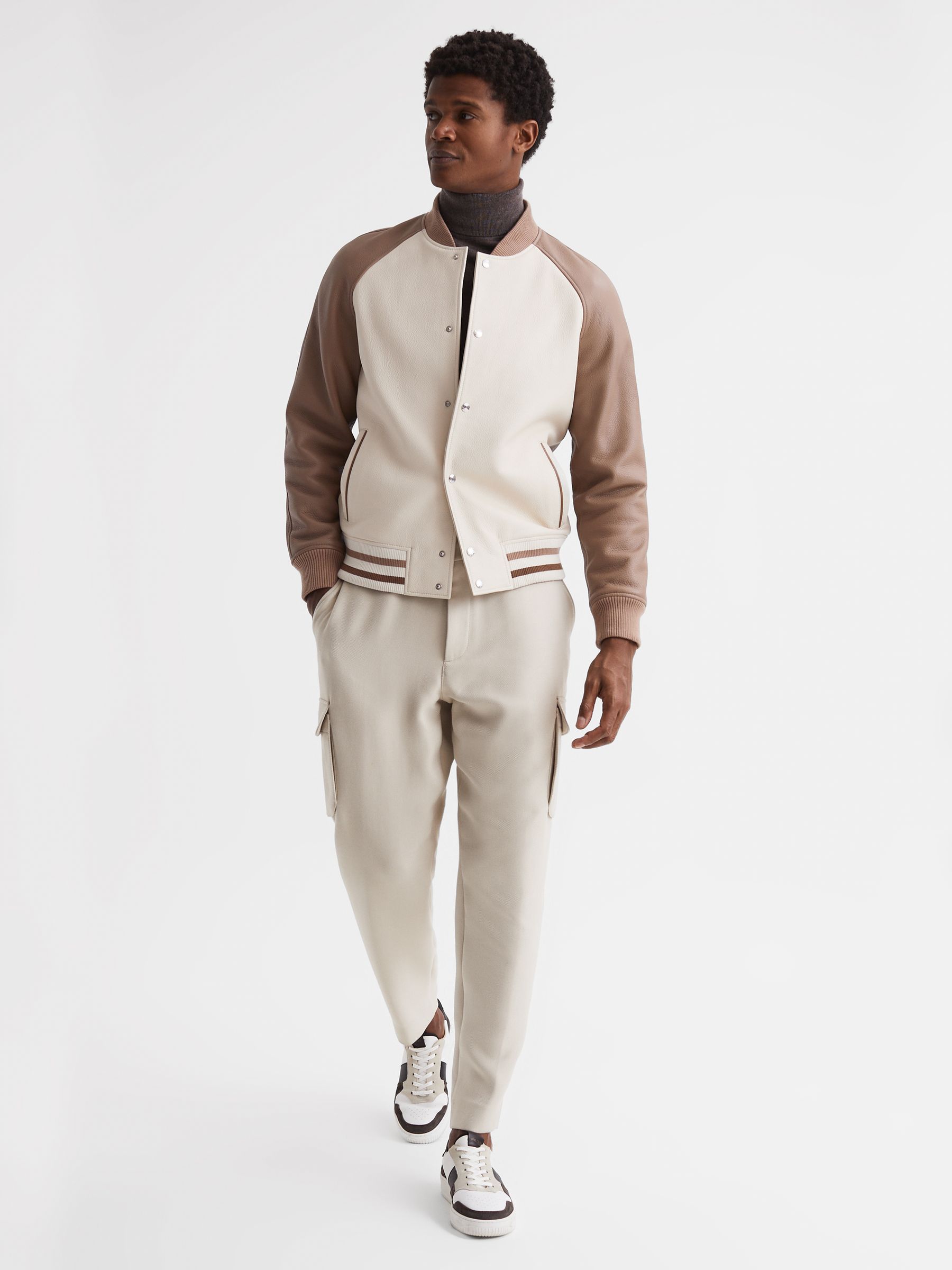 Leather Bomber Jacket in Ecru/Taupe - Image 3 of 7