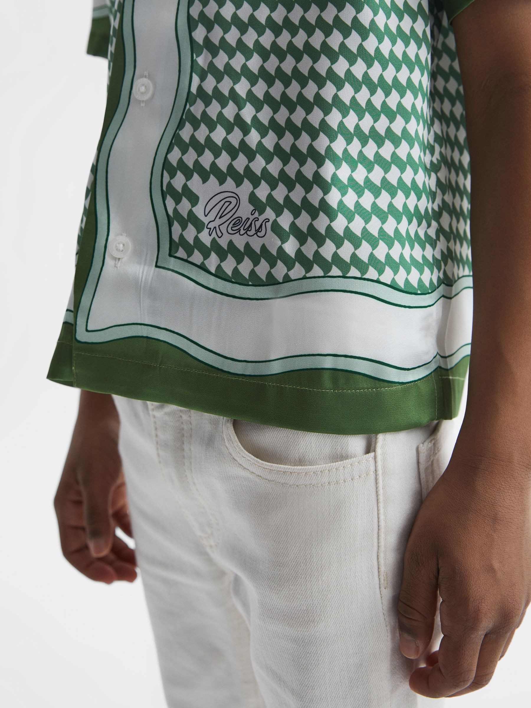 Junior Printed Cuban Collar Short Sleeve Shirt in Green - Image 4 of 7