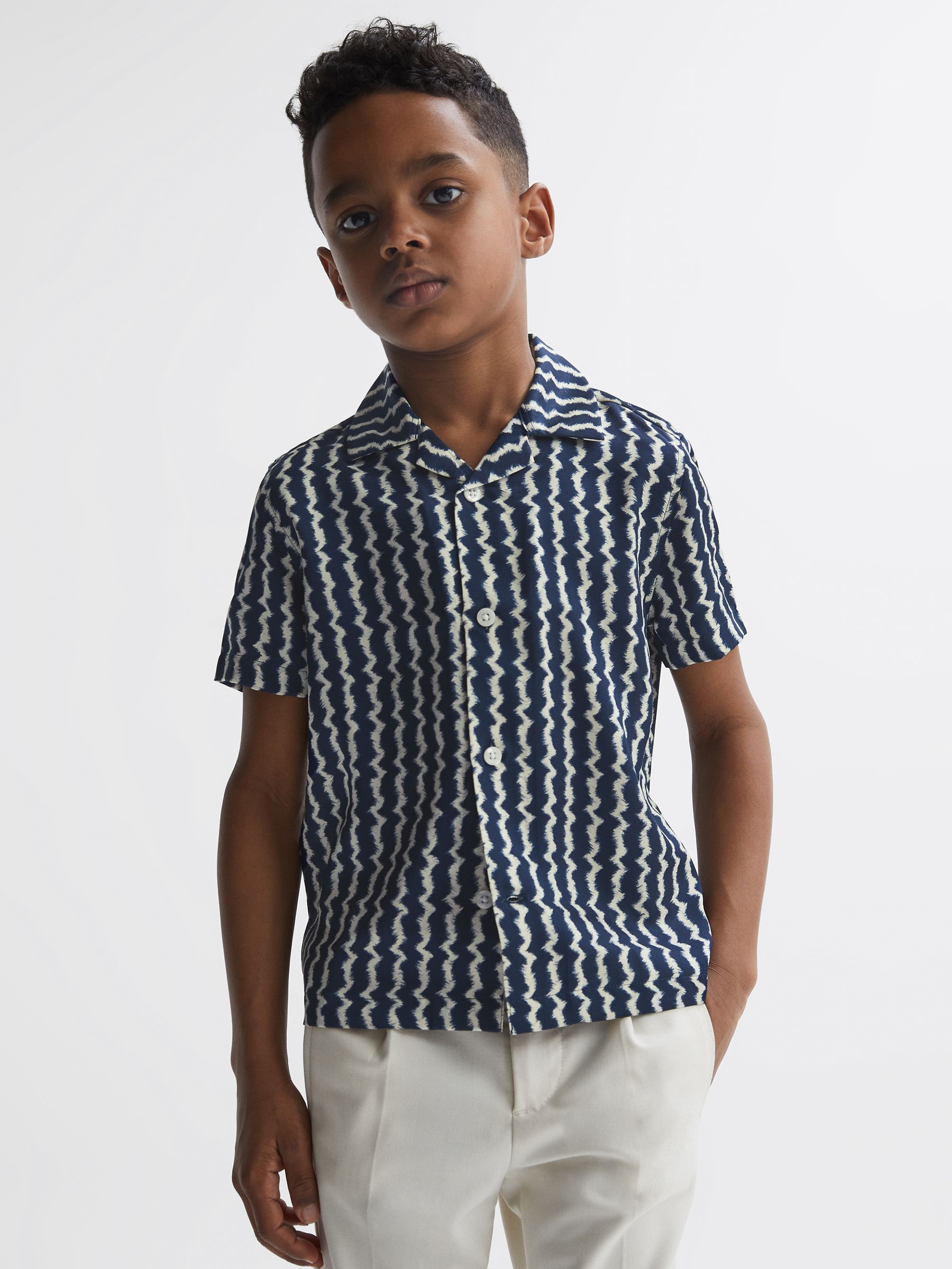 Junior Cuban Collar Printed Shirt in Navy - Image 1 of 6