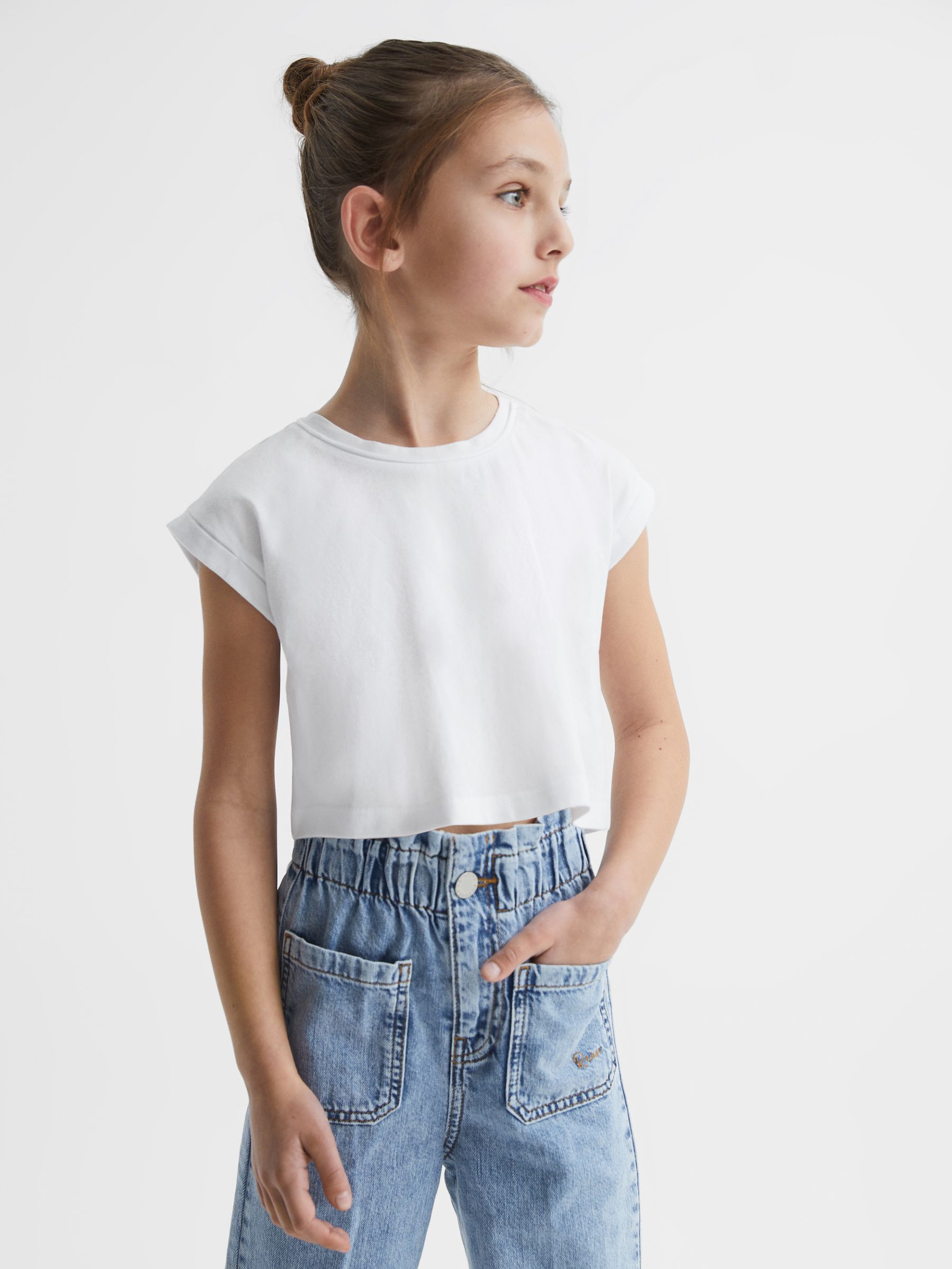 9-14 yrs Cotton Crew Neck Cropped T-Shirt in White - Image 3 of 6