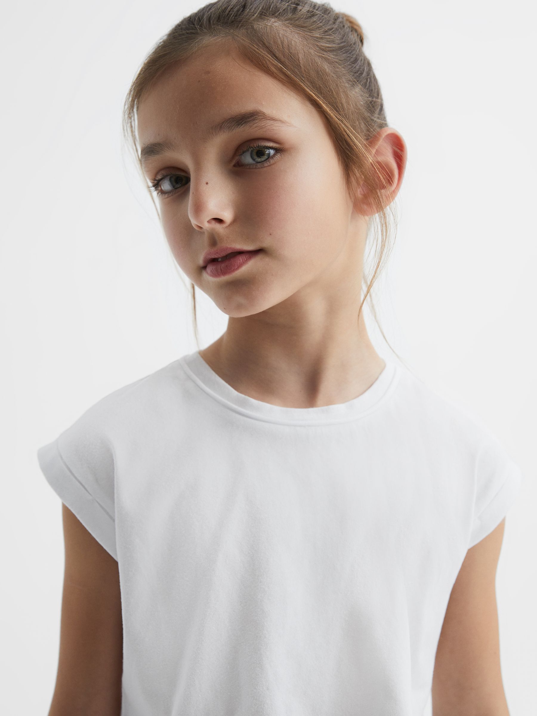 9-14 yrs Cotton Crew Neck Cropped T-Shirt in White - Image 4 of 6