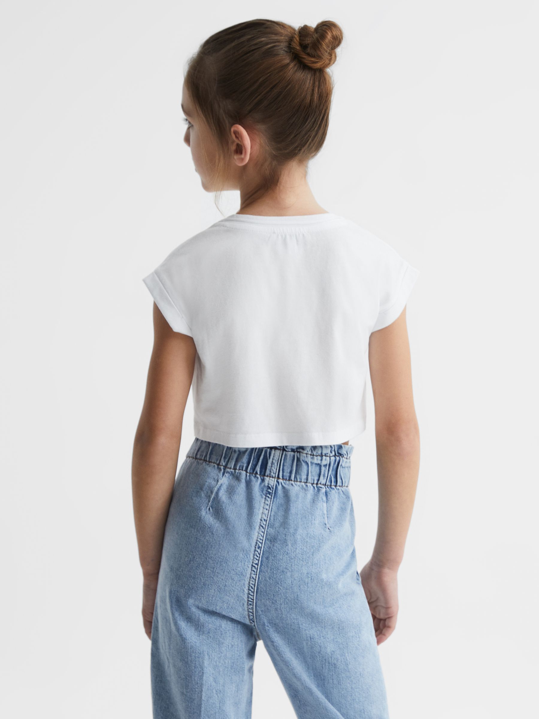 9-14 yrs Cotton Crew Neck Cropped T-Shirt in White - Image 5 of 6