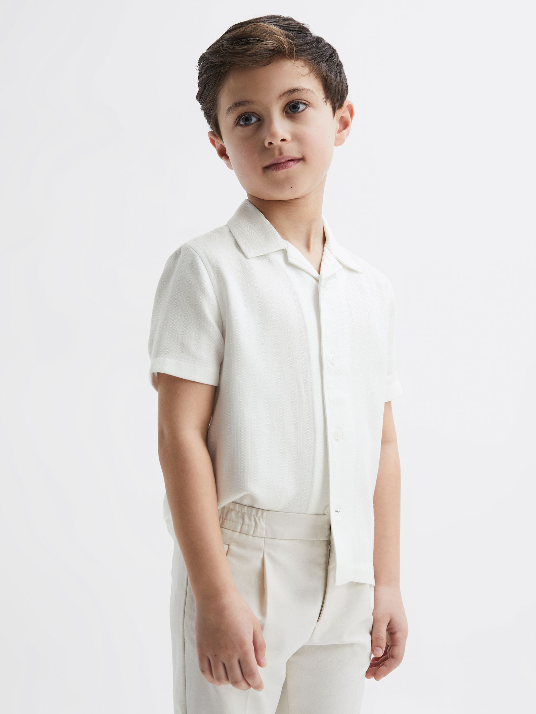 Junior Cuban Collar Ribbed Polo With Linen in Ecru - Image 1 of 7