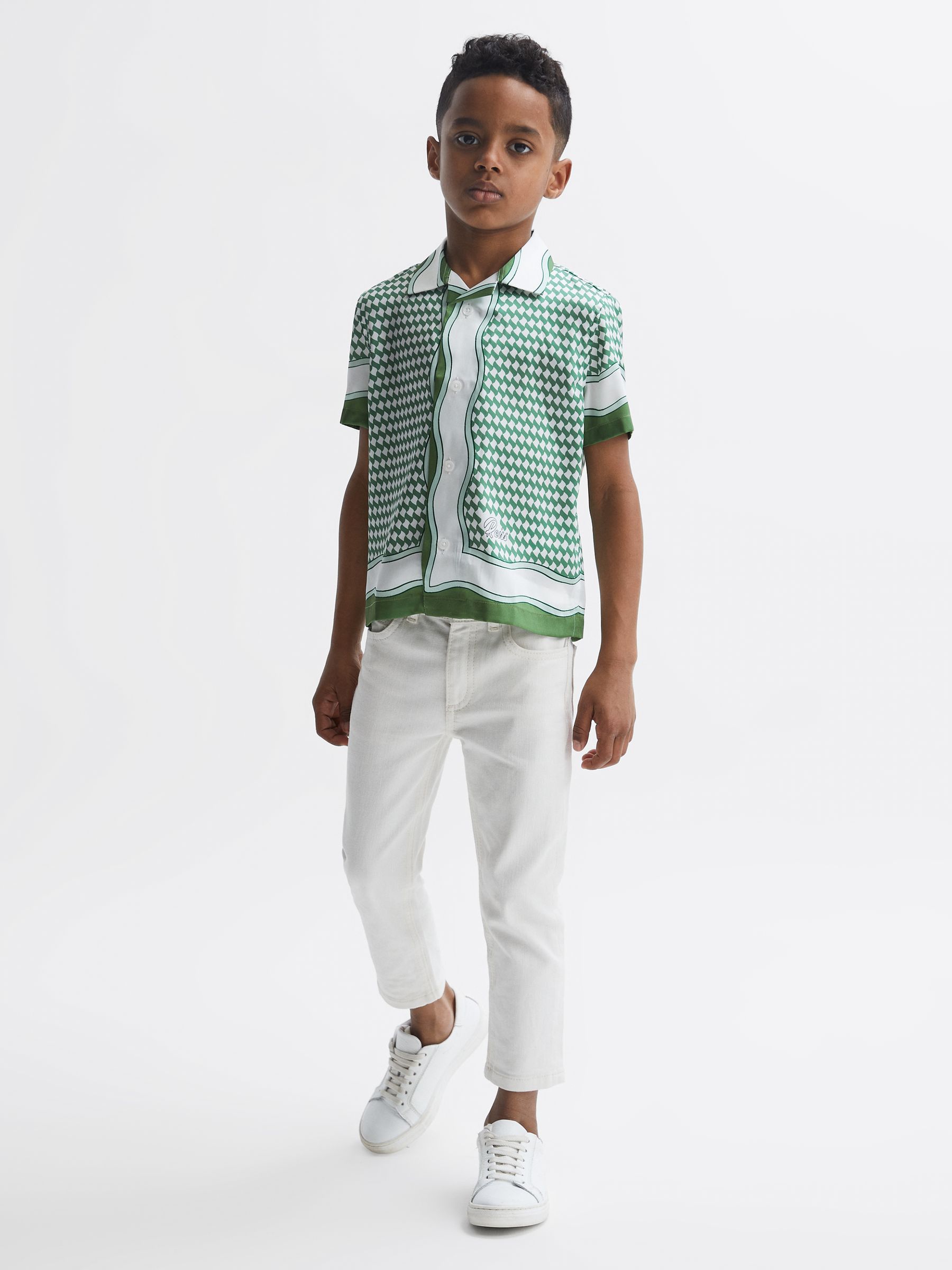 9-12 yrs Printed Cuban Collar Short Sleeve Shirt in Green - Image 1 of 7 9-12 yrs Printed Cuban Collar Short Sleeve Shirt in Green - Image 1 of 7