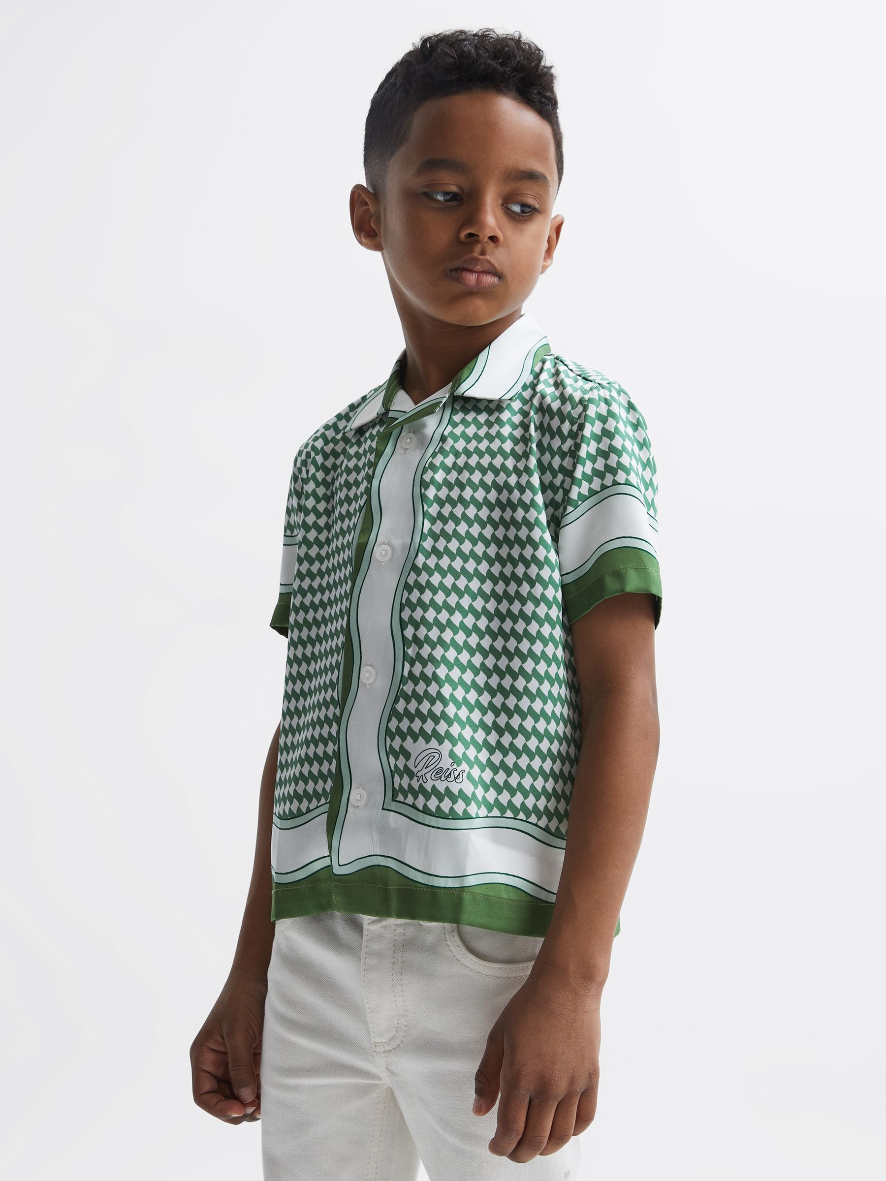 9-12 yrs Printed Cuban Collar Short Sleeve Shirt in Green - Image 3 of 7