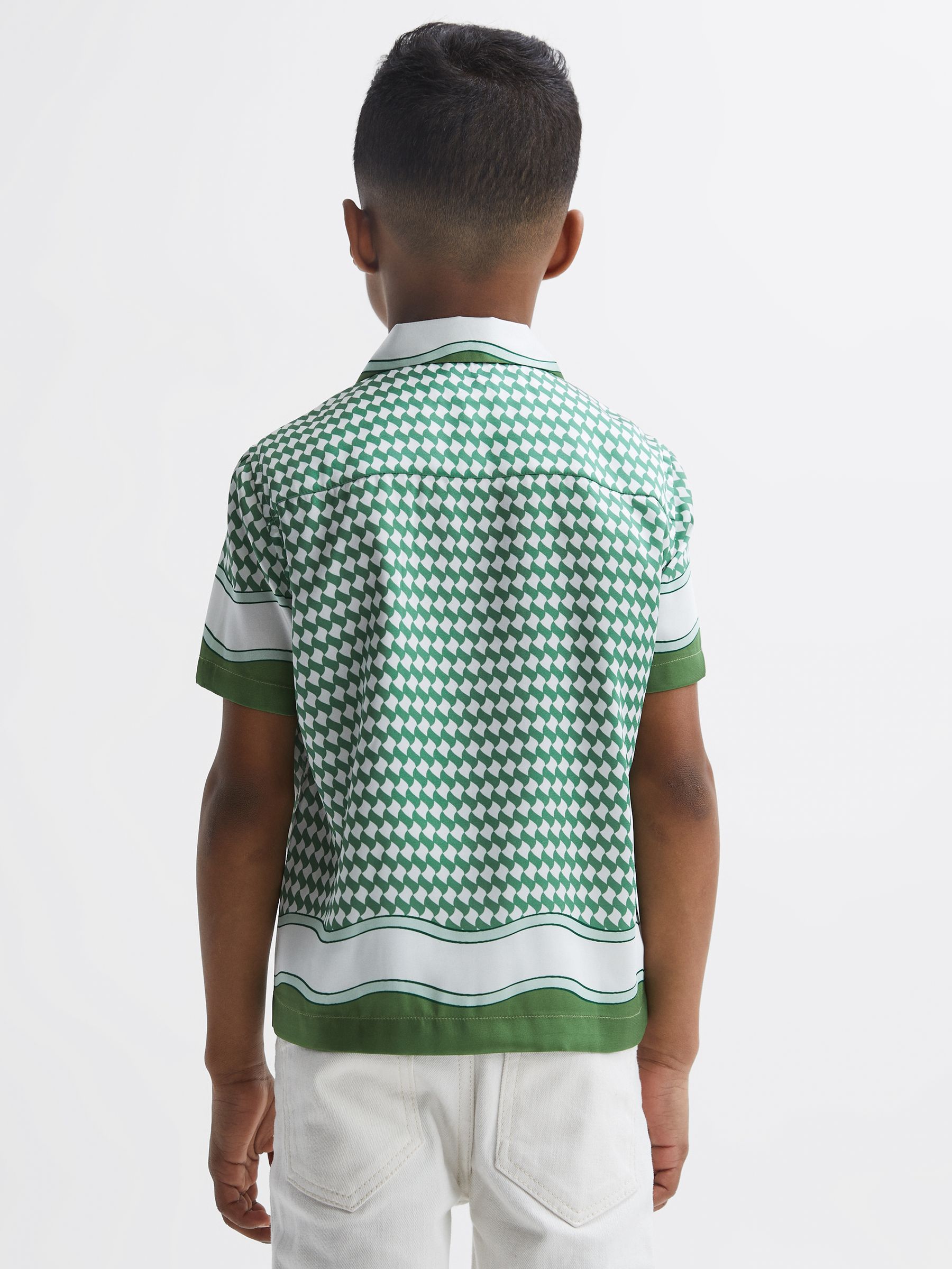 9-12 yrs Printed Cuban Collar Short Sleeve Shirt in Green - Image 5 of 7