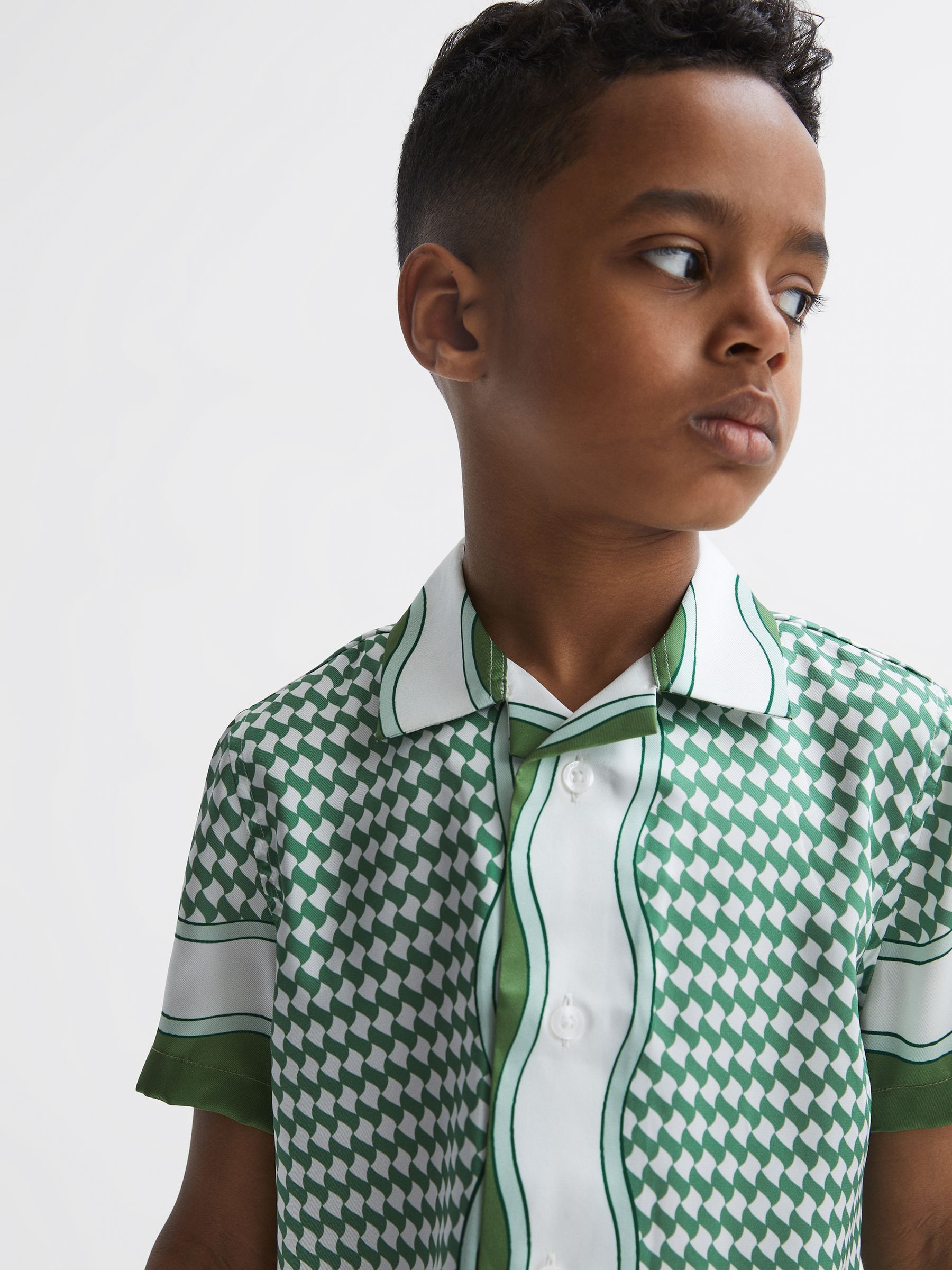 9-12 yrs Printed Cuban Collar Short Sleeve Shirt in Green - Image 6 of 7