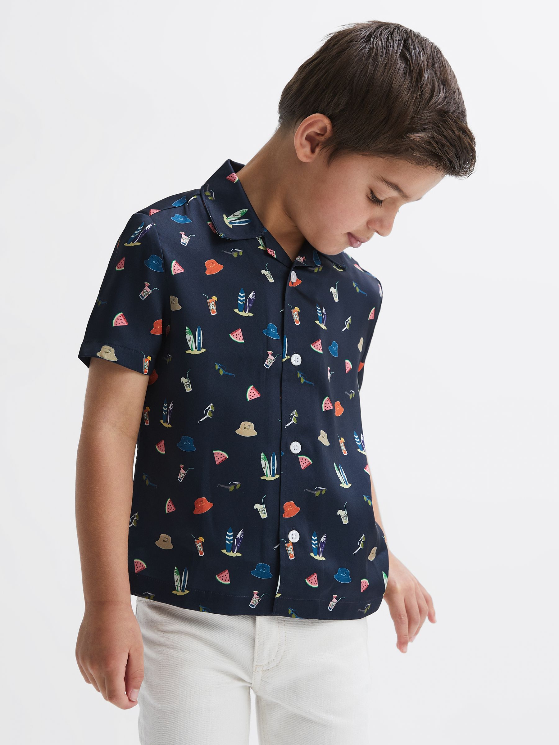 Beach Print Cuban Collar Shirt in Navy - Image 1 of 7