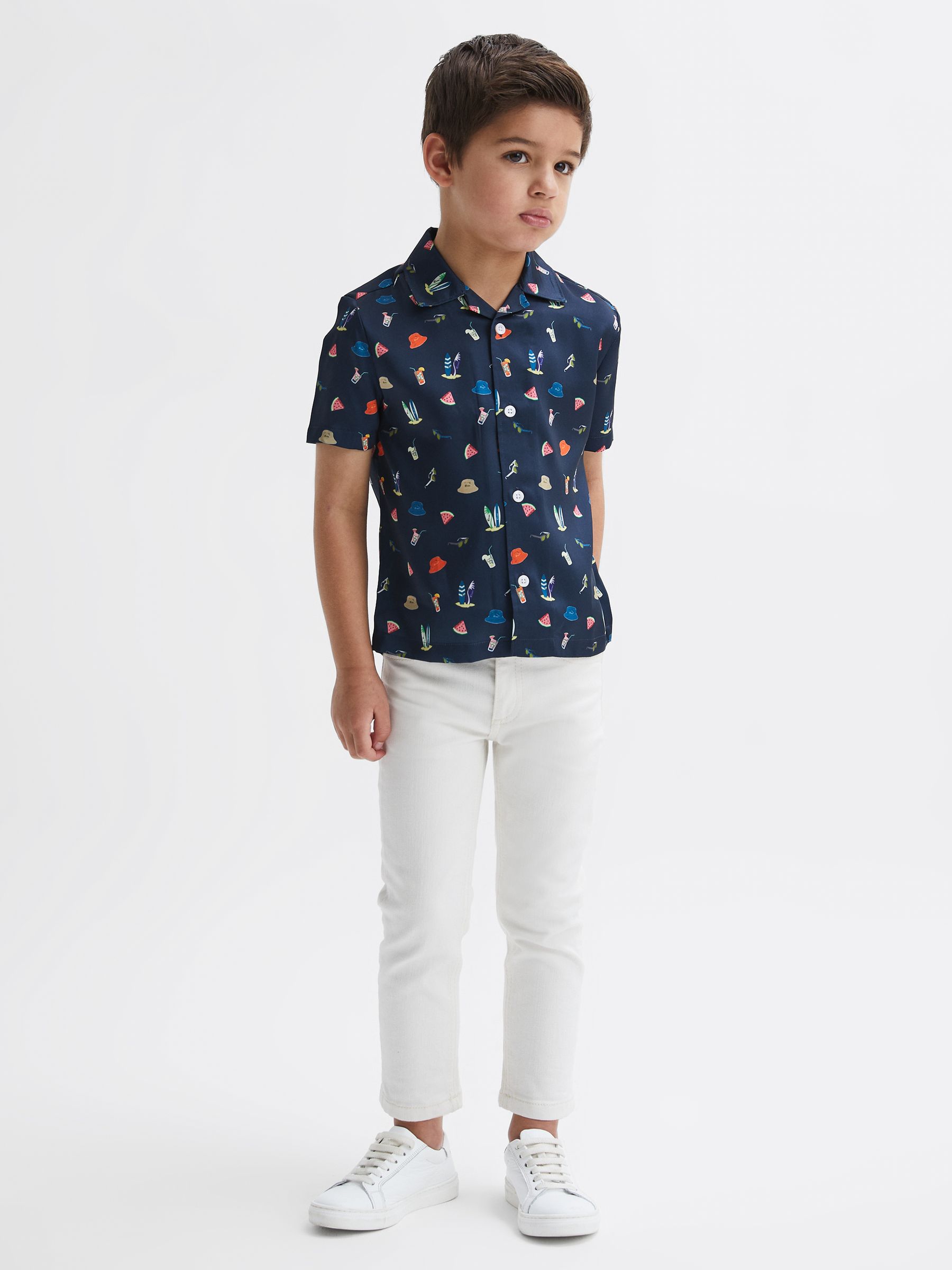 Beach Print Cuban Collar Shirt in Navy - Image 3 of 7