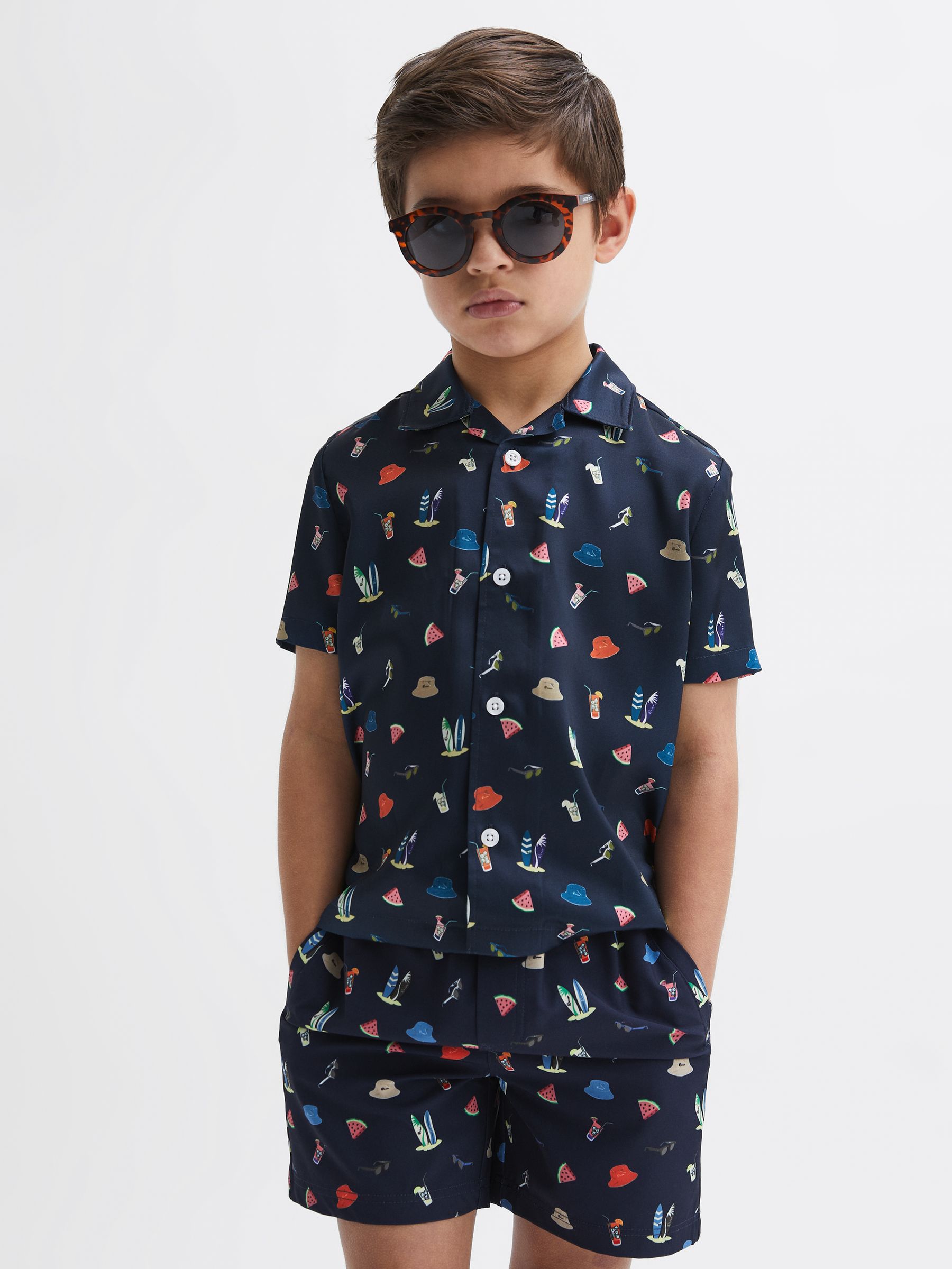 Beach Print Cuban Collar Shirt in Navy - Image 6 of 7