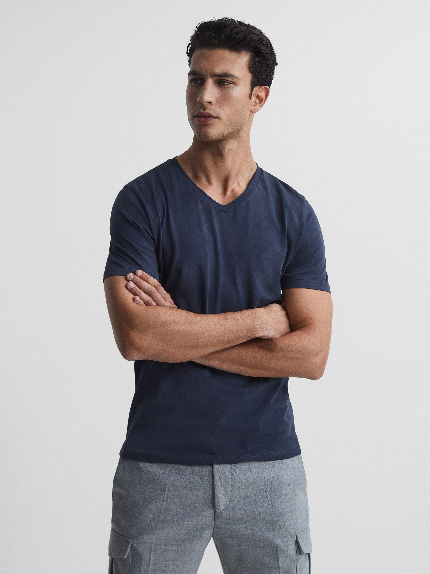 Cotton V-Neck T-Shirt in Airforce Blue - Image 1 of 5