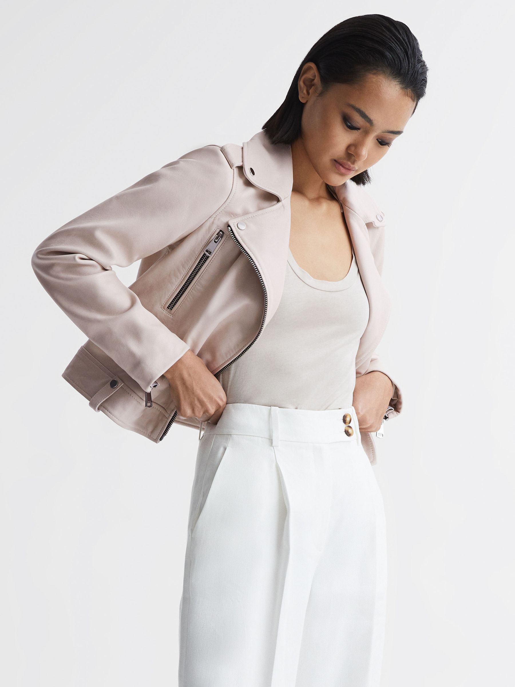 Leather Biker Jacket in Off White - Image 1 of 7 Leather Biker Jacket in Off White - Image 1 of 7