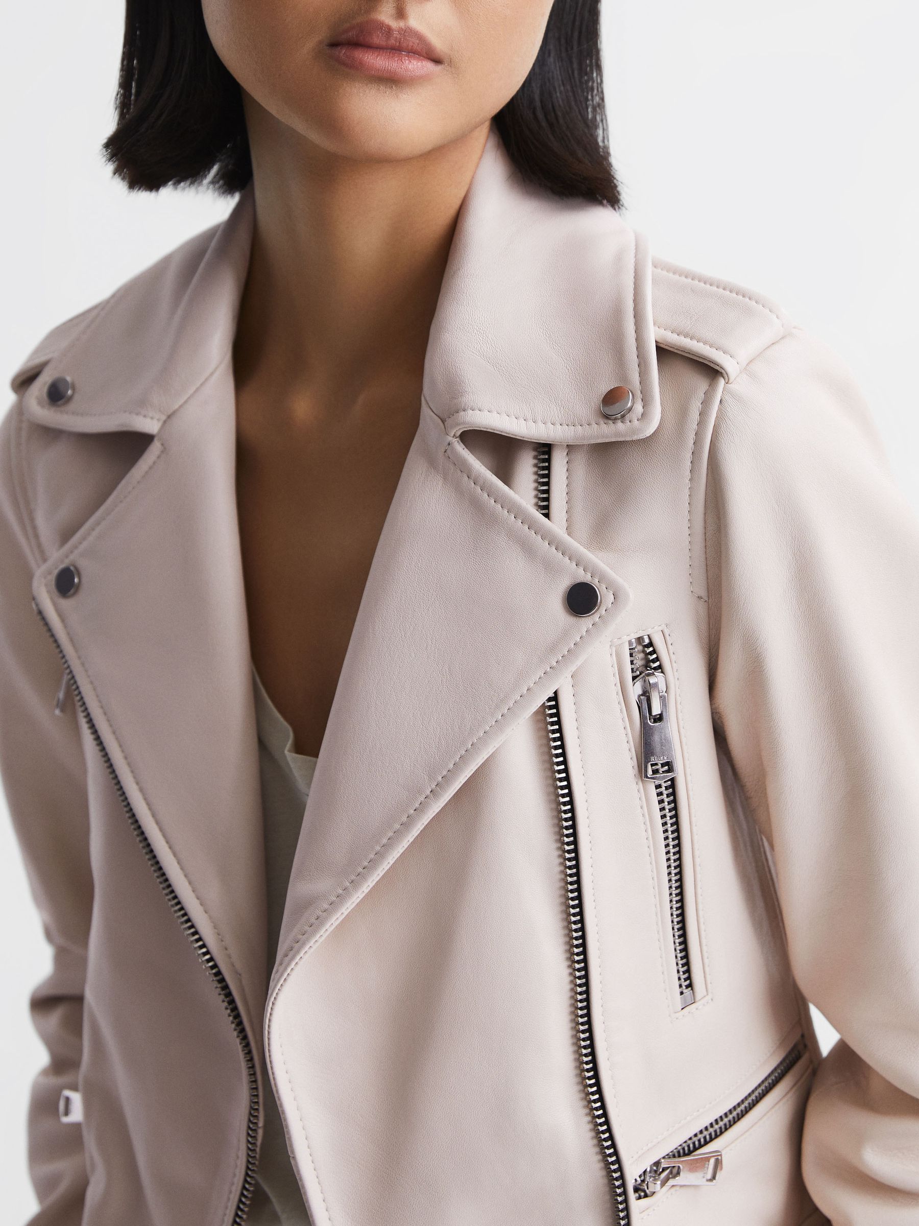 Leather Biker Jacket in Off White - Image 6 of 7