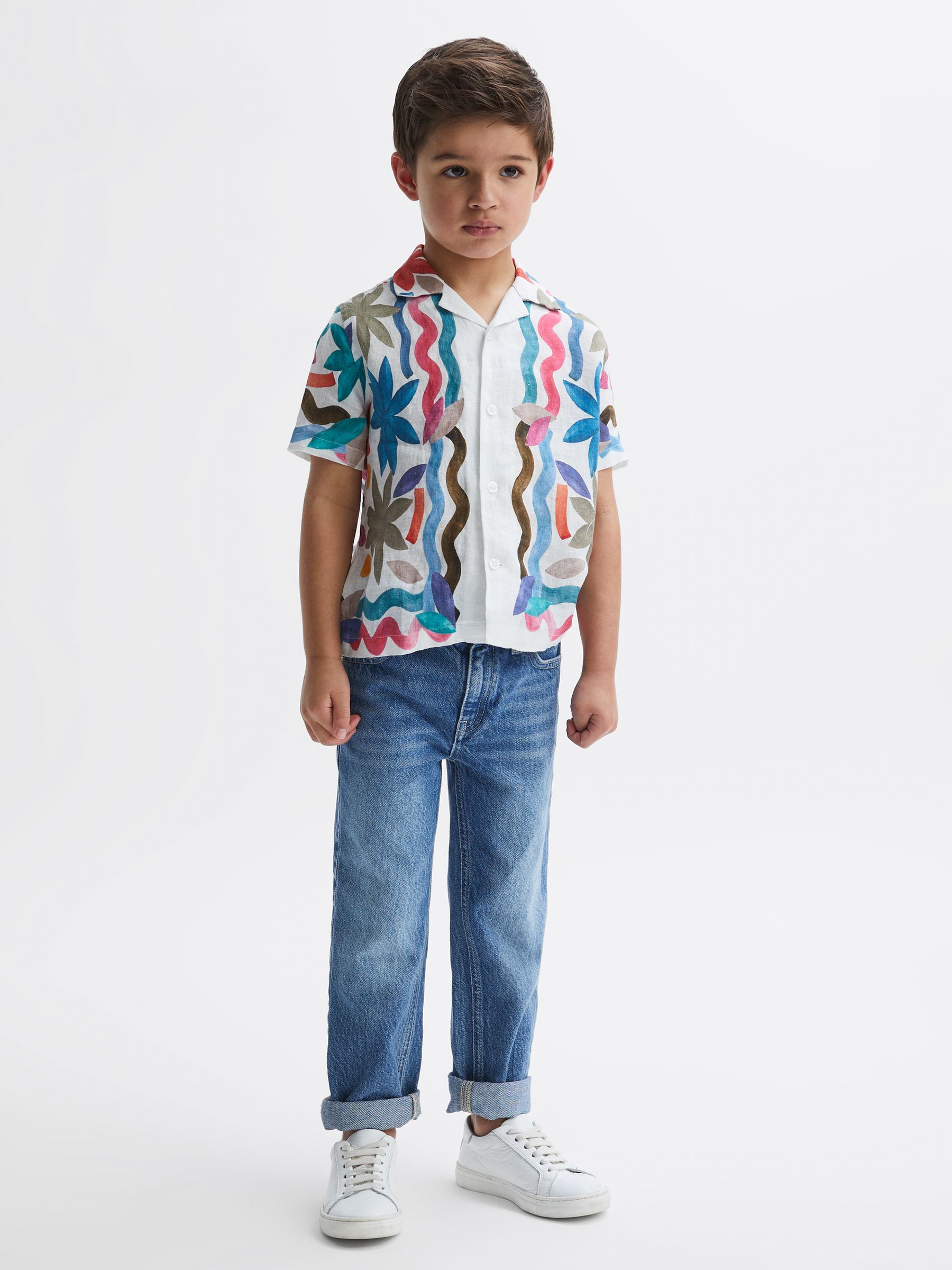 9-12 yrs Linen Floral Cuban Collar Shirt in Multi - Image 1 of 6