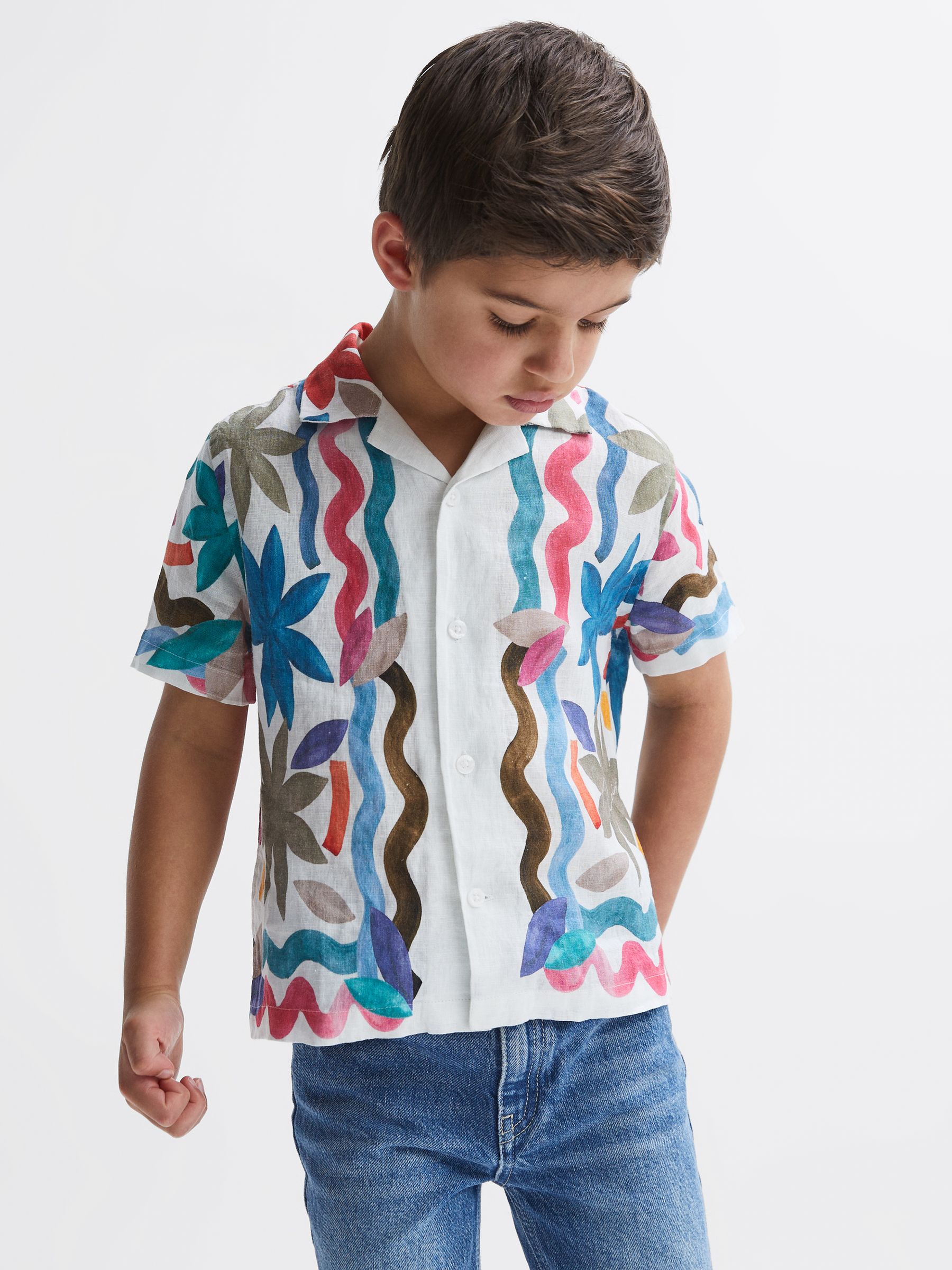 9-12 yrs Linen Floral Cuban Collar Shirt in Multi - Image 3 of 6