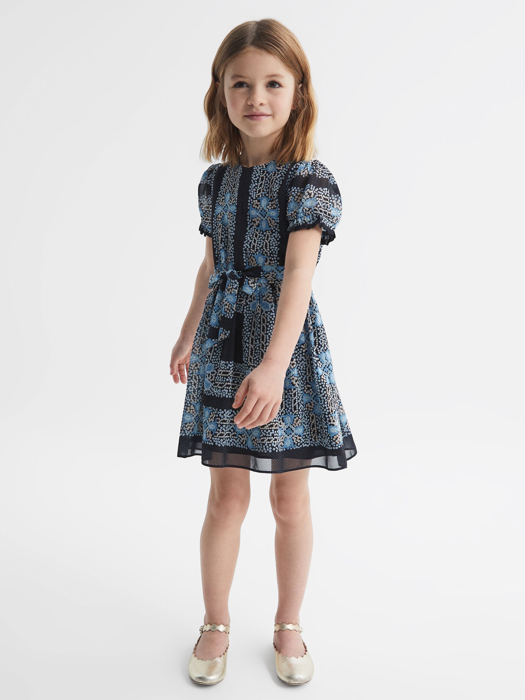 Floral Print Puff Sleeve Dress in Navy - Image 3 of 6