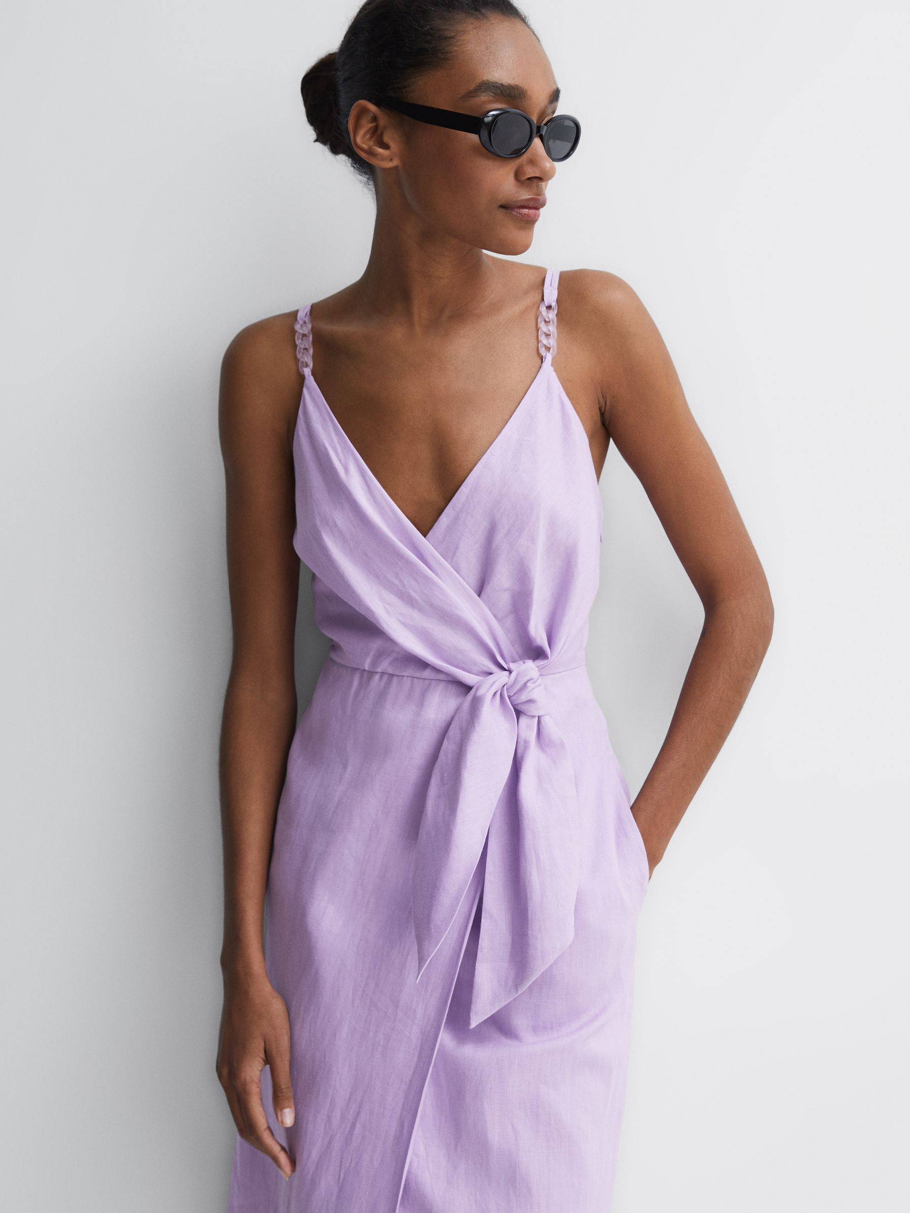 Linen Side Tie Midi Dress in Lilac - Image 3 of 6