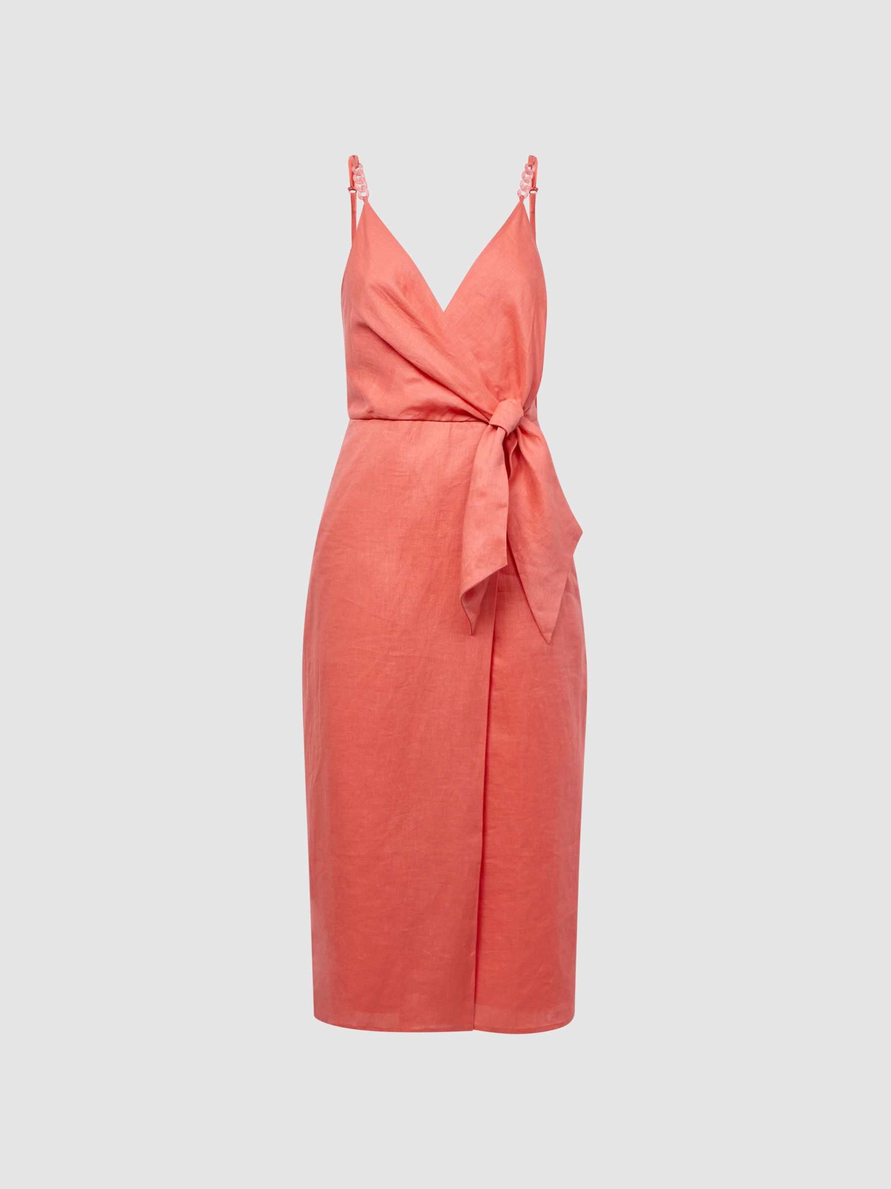 Reiss Linen Side Tie Midi Dress in Coral - REISS
