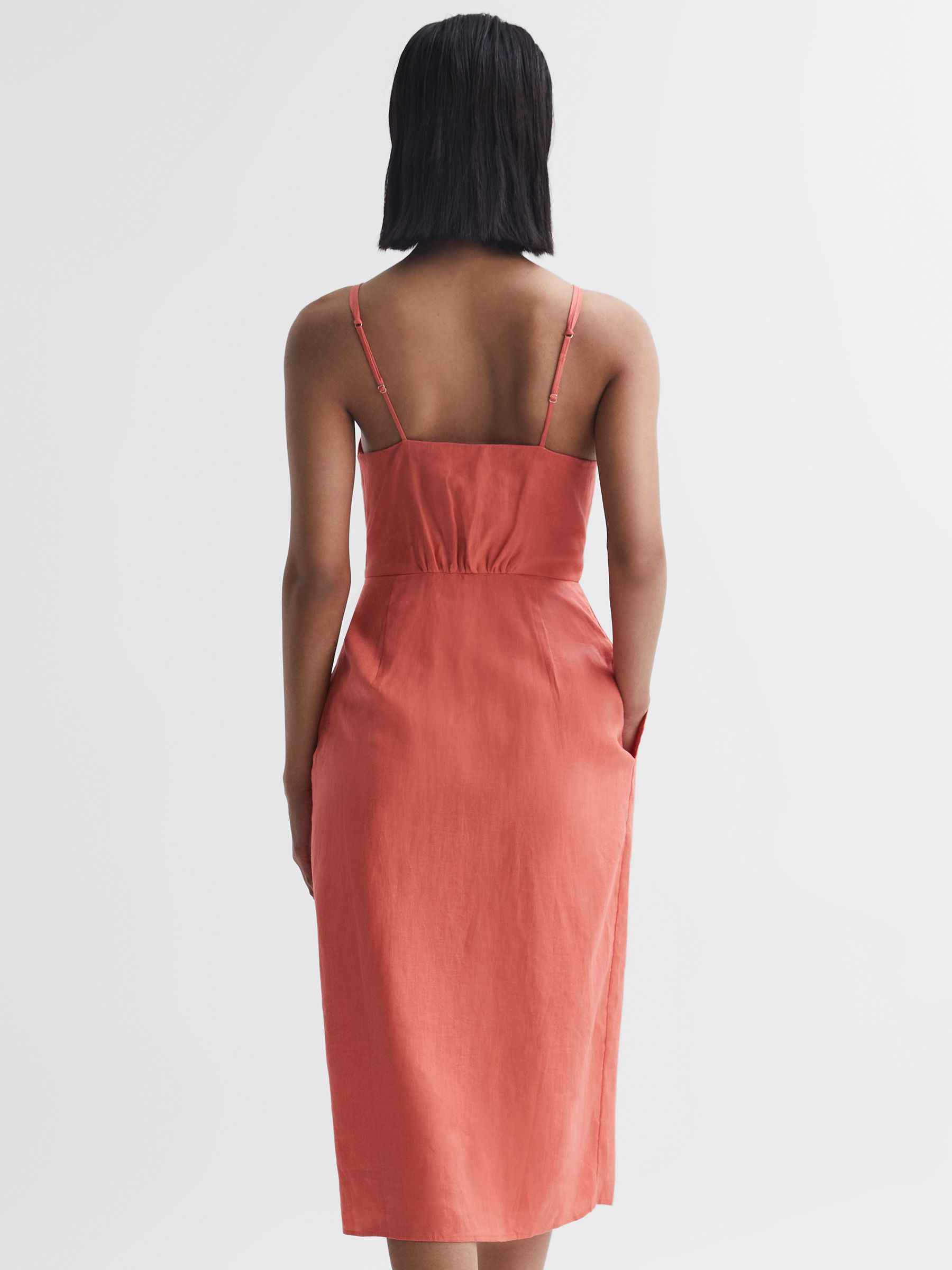 Reiss Linen Side Tie Midi Dress in Coral - REISS