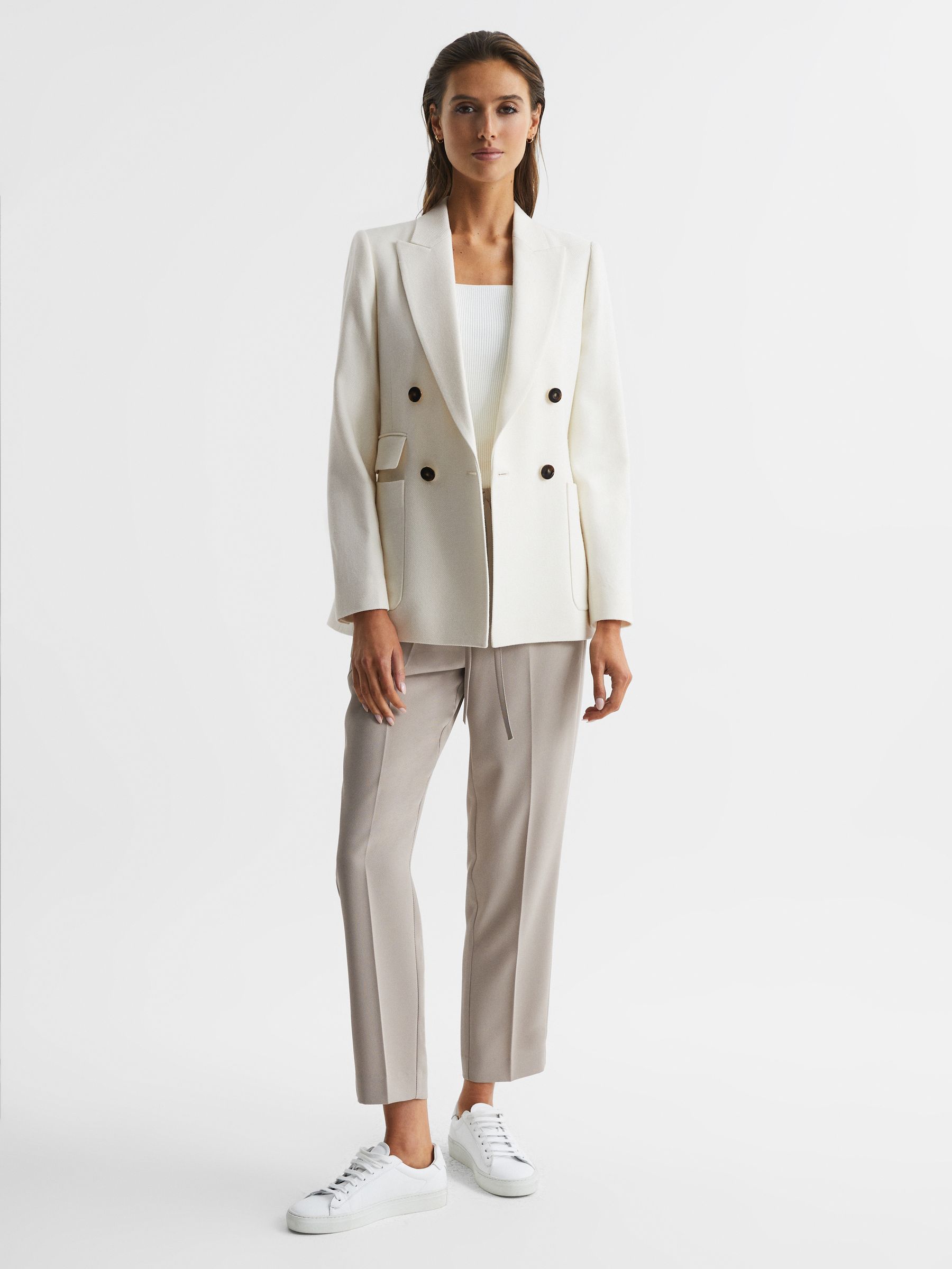 Reiss Double Breasted Twill Blazer in White | REISS